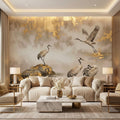 Luxury Neutral Chinoiserie Crane Peel and Stick Wall Mural, Elegant Asian Ink Wash Bird Wallpaper, Sophisticated Nature Wall Decor