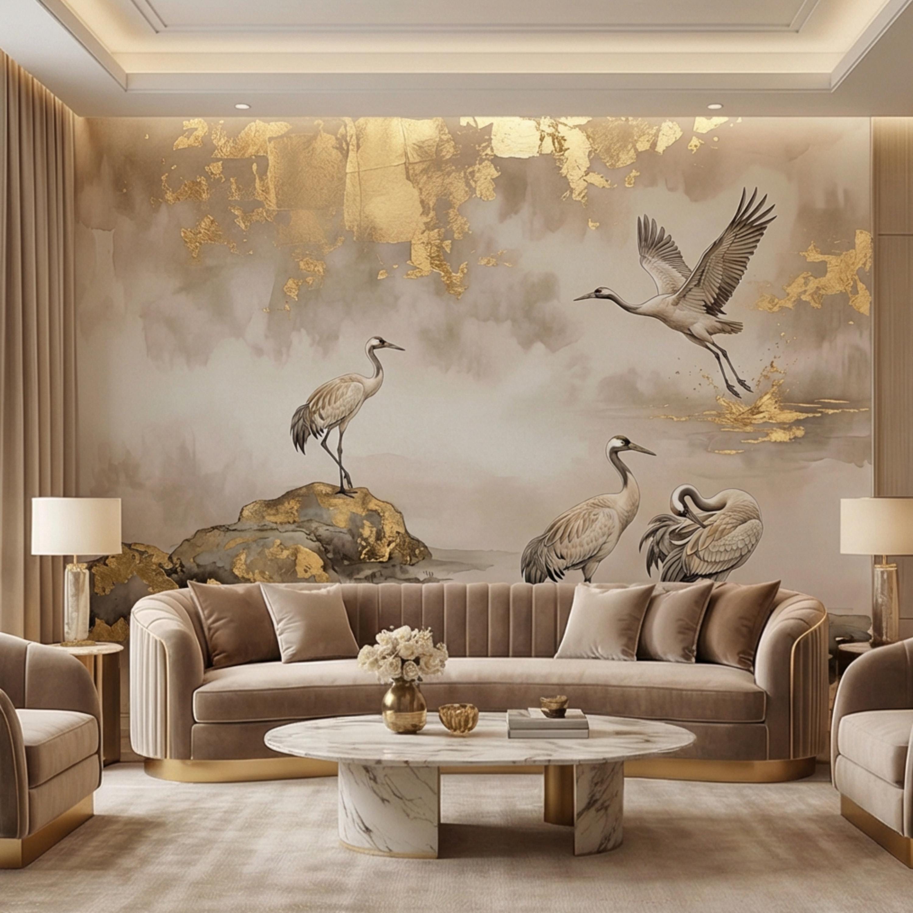 Luxury Neutral Chinoiserie Crane Peel and Stick Wall Mural, Elegant Asian Ink Wash Bird Wallpaper, Sophisticated Nature Wall Decor