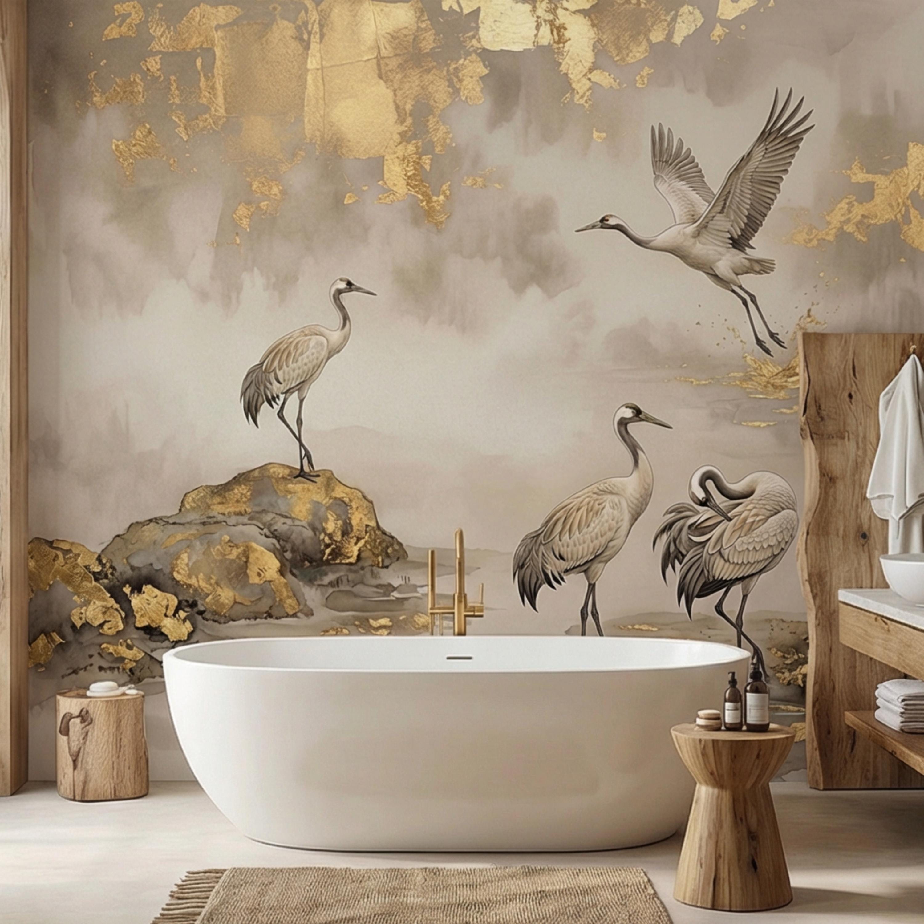 Luxury Neutral Chinoiserie Crane Peel and Stick Wall Mural, Elegant Asian Ink Wash Bird Wallpaper, Sophisticated Nature Wall Decor