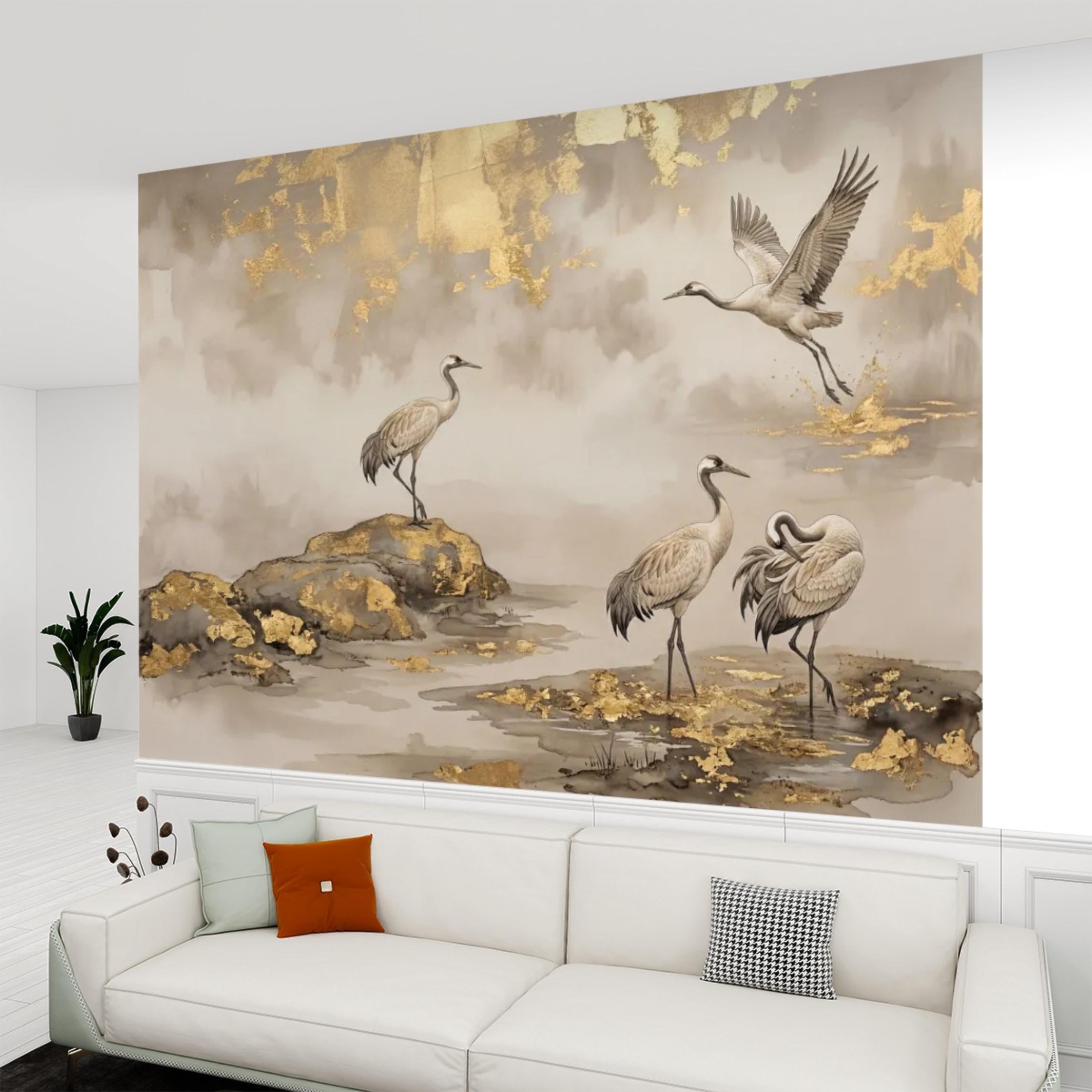 Luxury Neutral Chinoiserie Crane Peel and Stick Wall Mural, Elegant Asian Ink Wash Bird Wallpaper, Sophisticated Nature Wall Decor