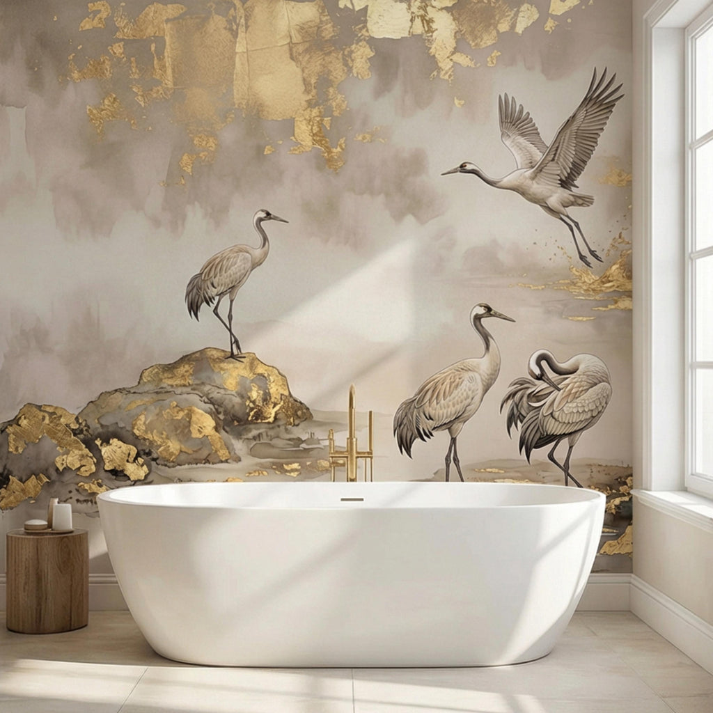 Luxury Neutral Chinoiserie Crane Peel and Stick Wall Mural, Elegant Asian Ink Wash Bird Wallpaper, Sophisticated Nature Wall Decor