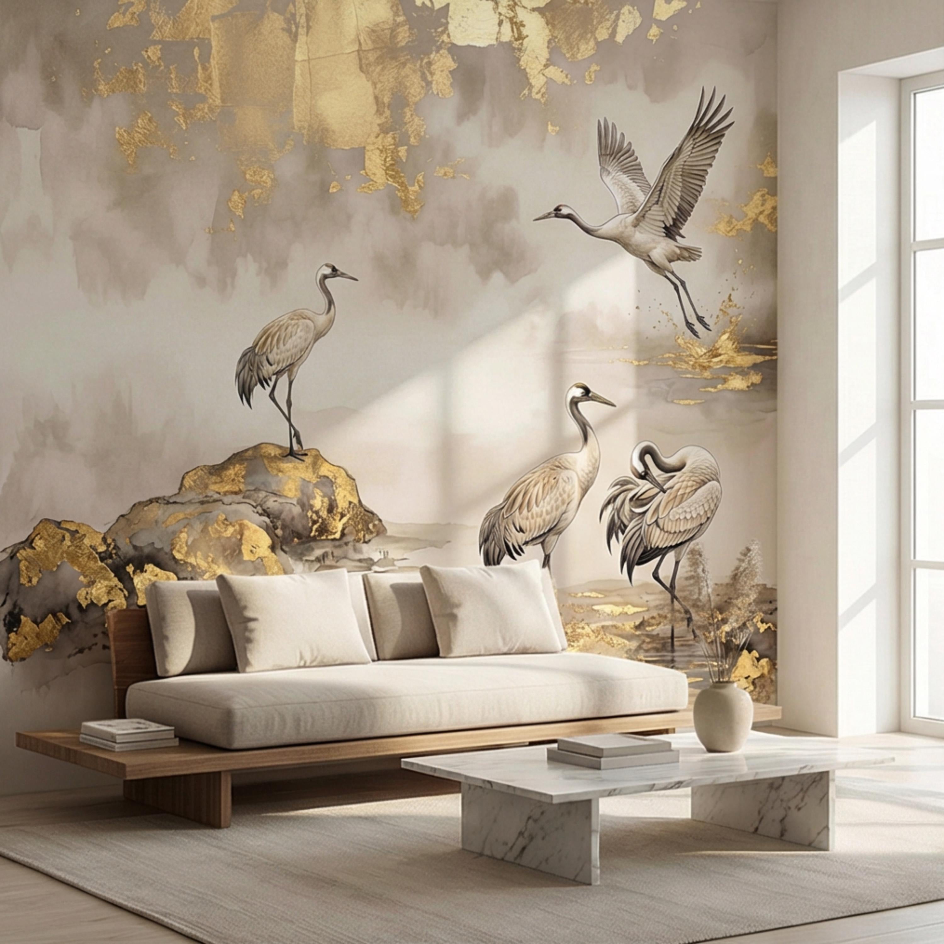 Luxury Neutral Chinoiserie Crane Peel and Stick Wall Mural, Elegant Asian Ink Wash Bird Wallpaper, Sophisticated Nature Wall Decor