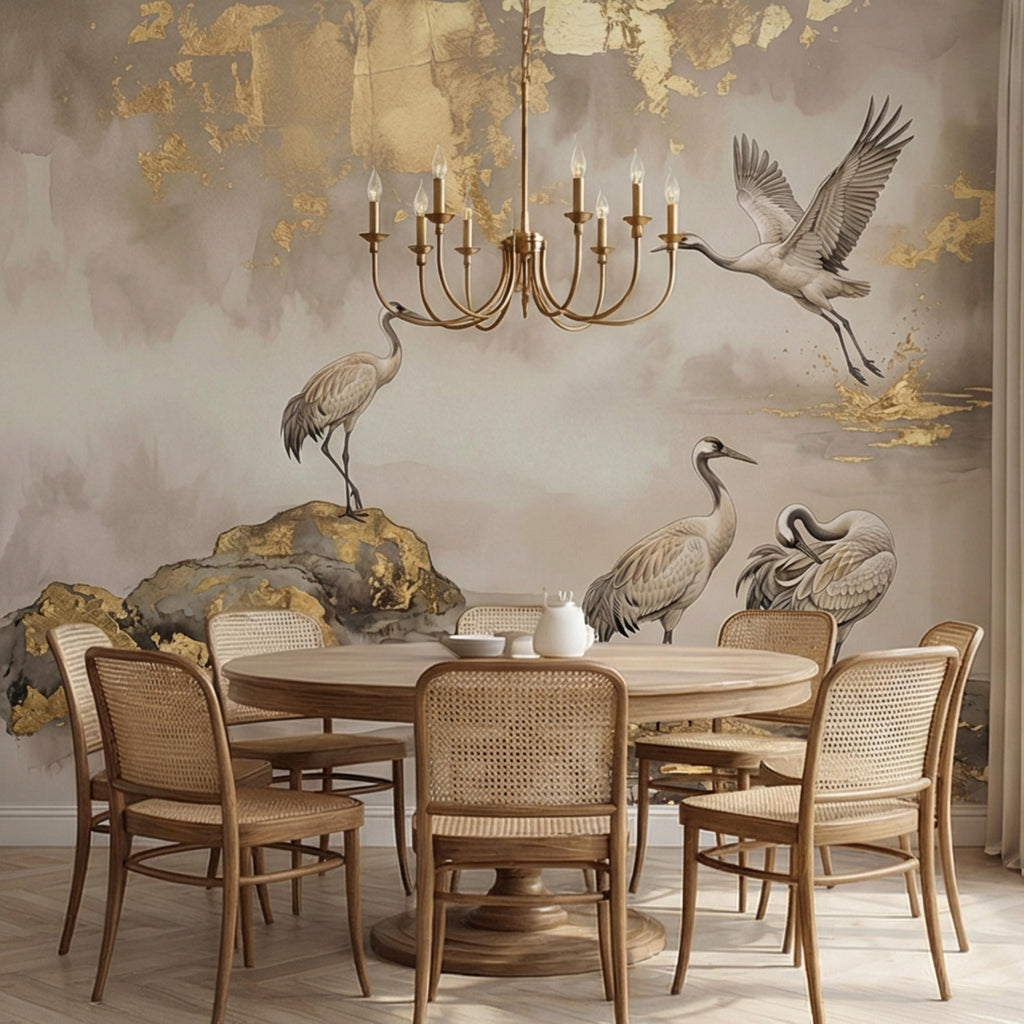 Luxury Neutral Chinoiserie Crane Peel and Stick Wall Mural, Elegant Asian Ink Wash Bird Wallpaper, Sophisticated Nature Wall Decor
