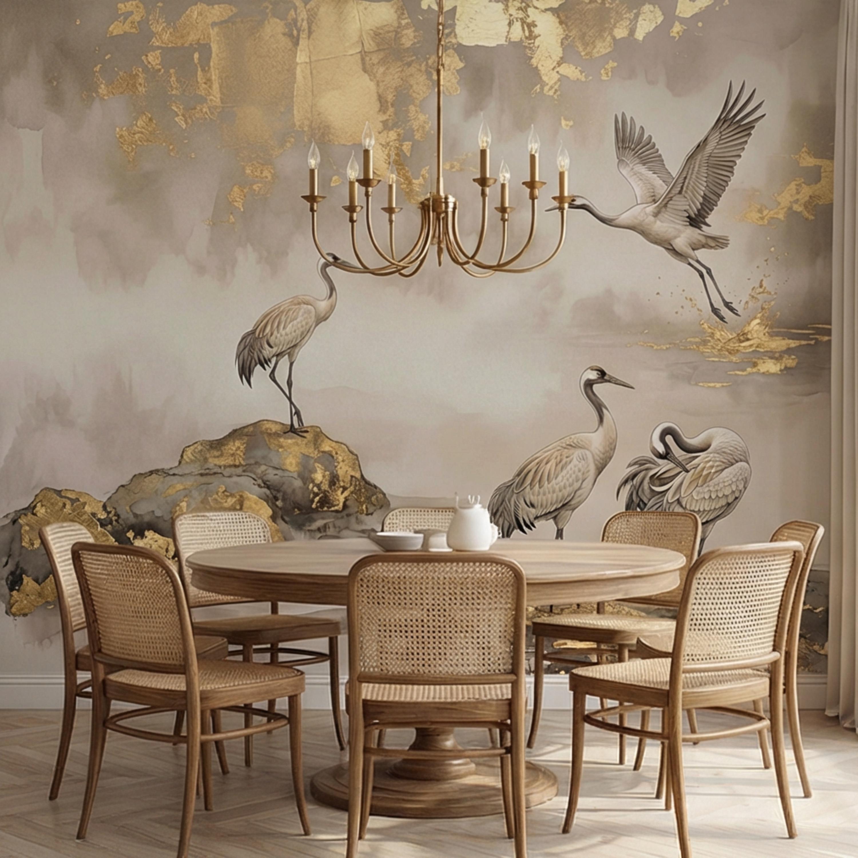 Luxury Neutral Chinoiserie Crane Peel and Stick Wall Mural, Elegant Asian Ink Wash Bird Wallpaper, Sophisticated Nature Wall Decor