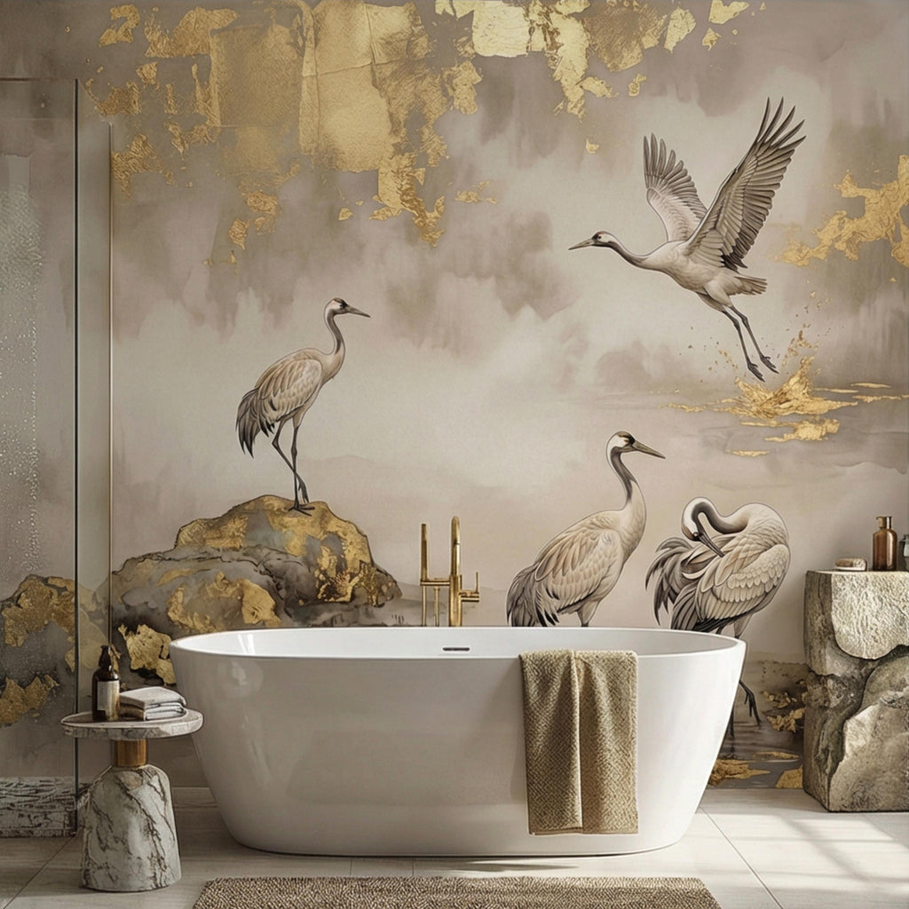 Luxury Neutral Chinoiserie Crane Peel and Stick Wall Mural, Elegant Asian Ink Wash Bird Wallpaper, Sophisticated Nature Wall Decor