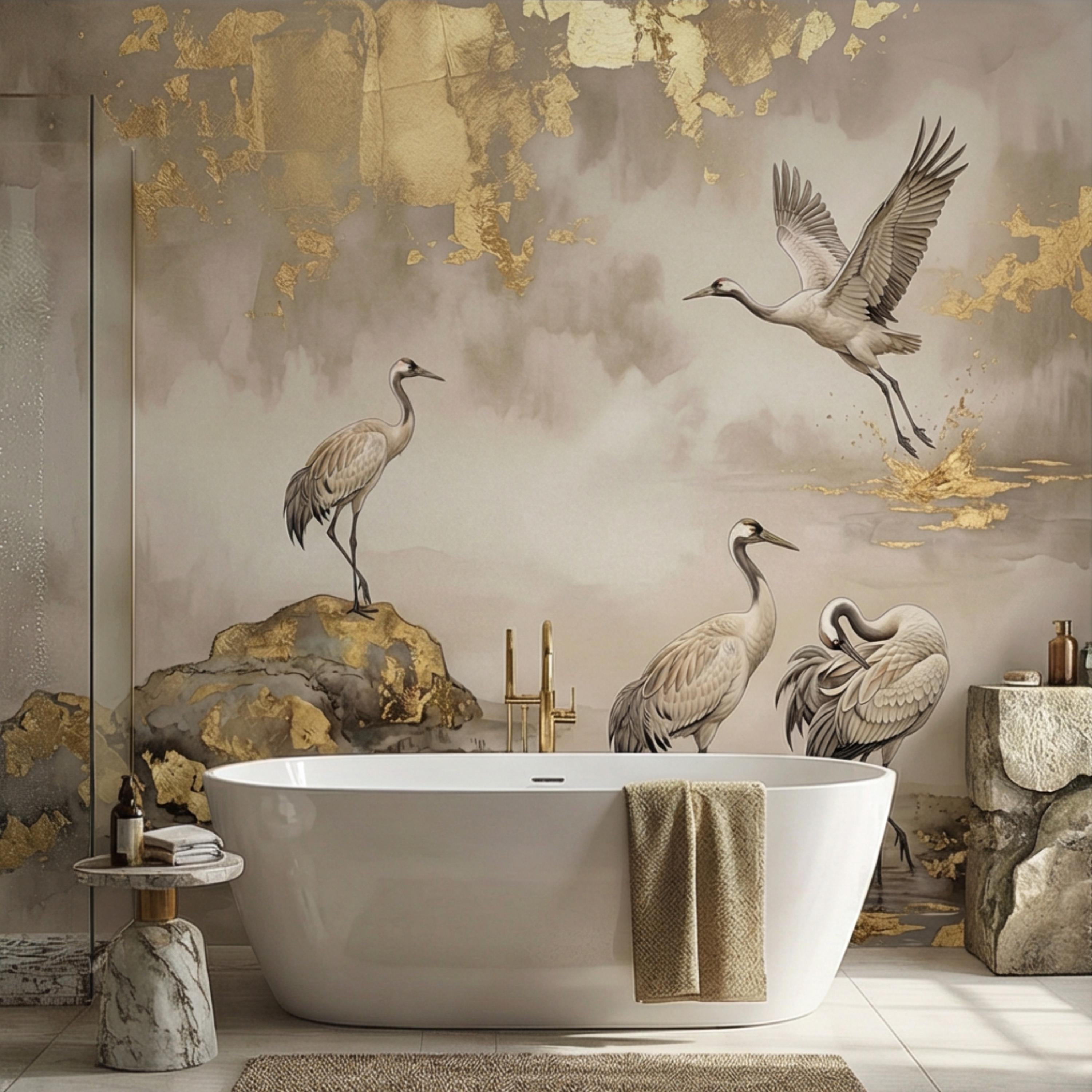 Luxury Neutral Chinoiserie Crane Peel and Stick Wall Mural, Elegant Asian Ink Wash Bird Wallpaper, Sophisticated Nature Wall Decor