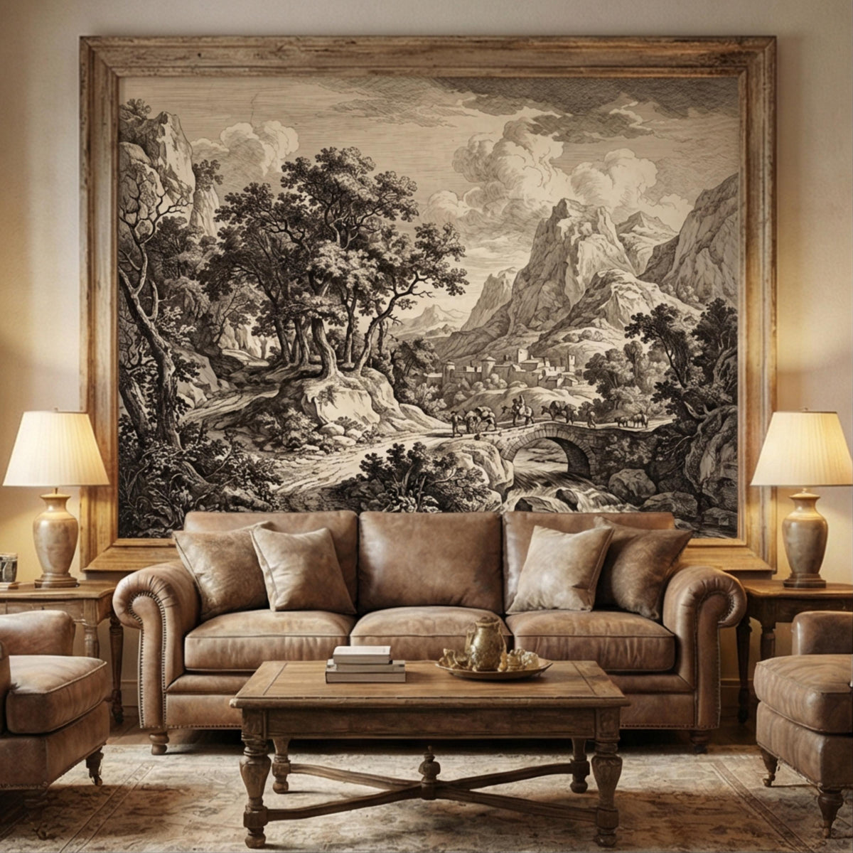 Vintage engraving-style mountain village wall mural with arched bridge