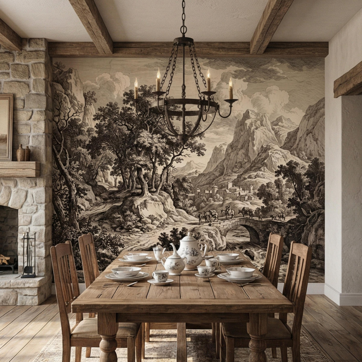 Vintage mountain village wall mural with engraved river, bridge, and town