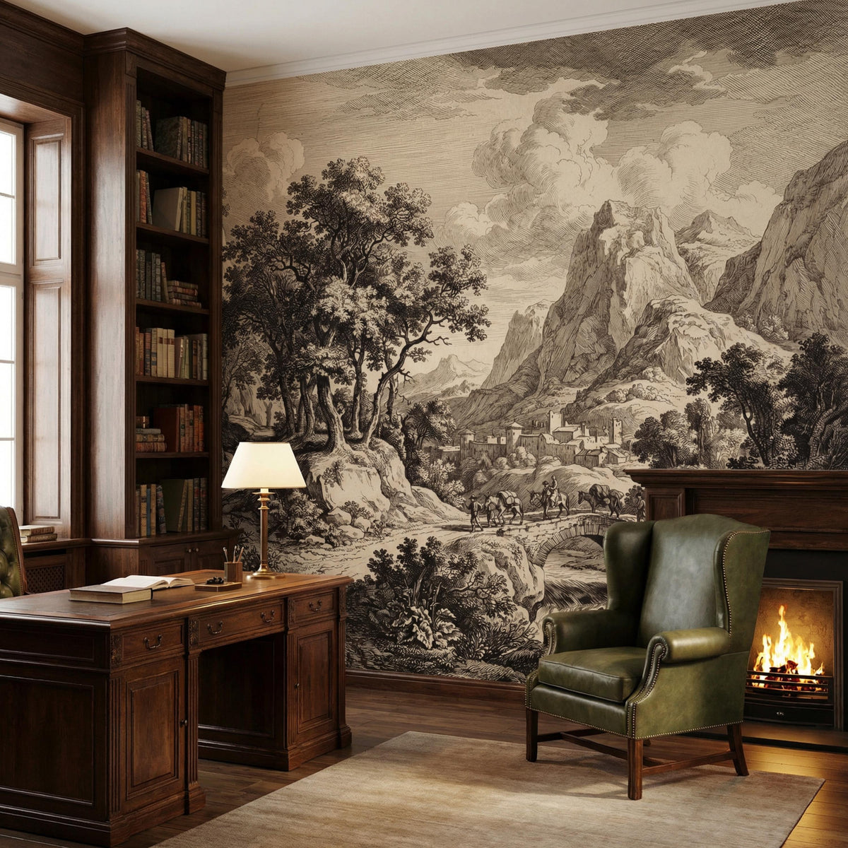 Vintage mountain valley wall mural with village, trees, and bridge engraving