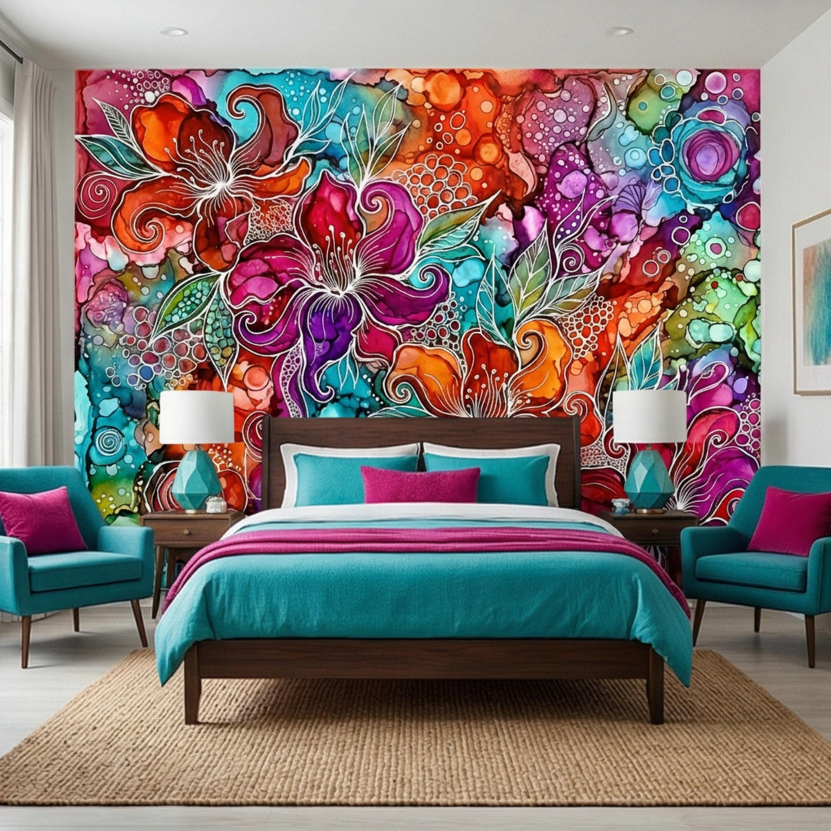 Colorful abstract floral wall mural behind a bed, featuring purple, orange, teal blossoms