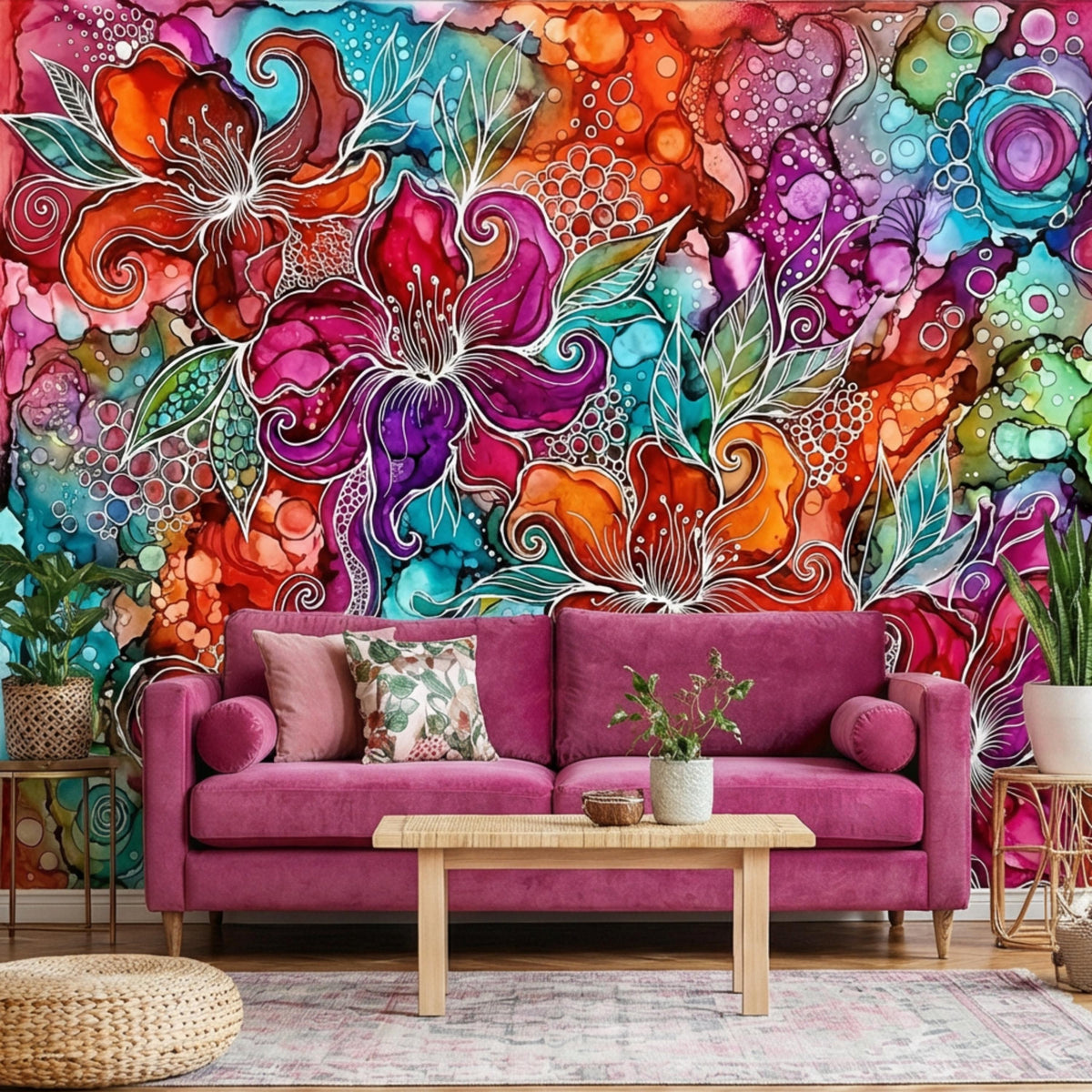 Colorful abstract floral wall mural with layered watercolor flowers in purple, orange, teal
