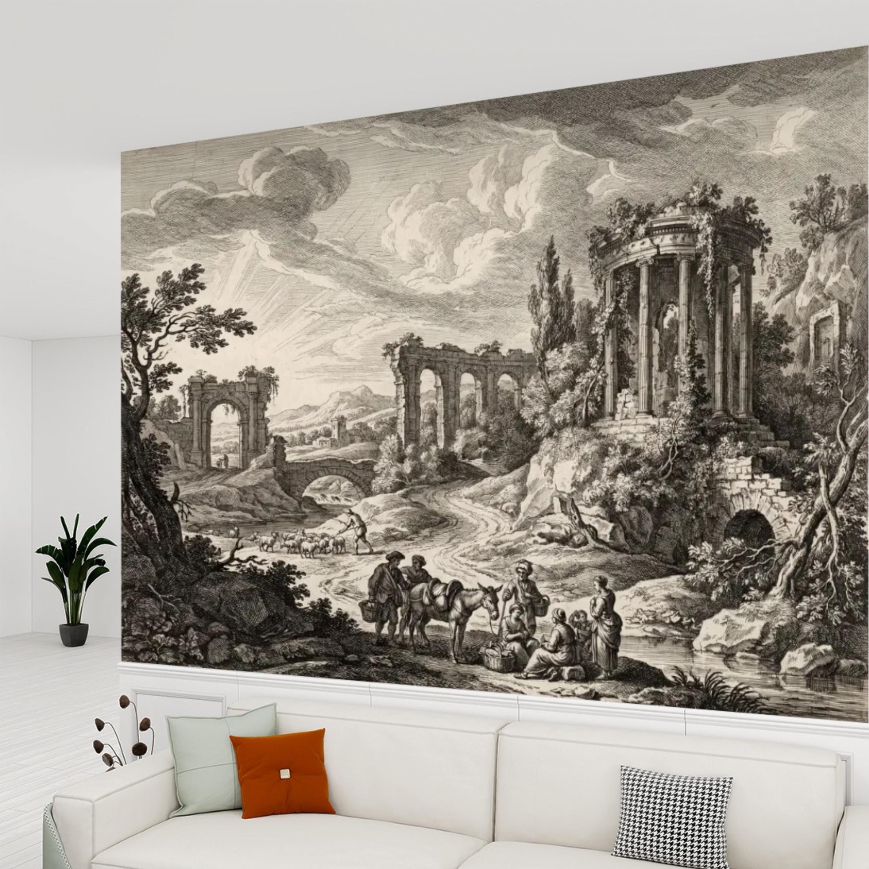 Vintage Roman Ruins Engraving Peel and Stick Wall Mural, Antique Classical Landscape with Temple and Arches, Old World Etching Wallpaper