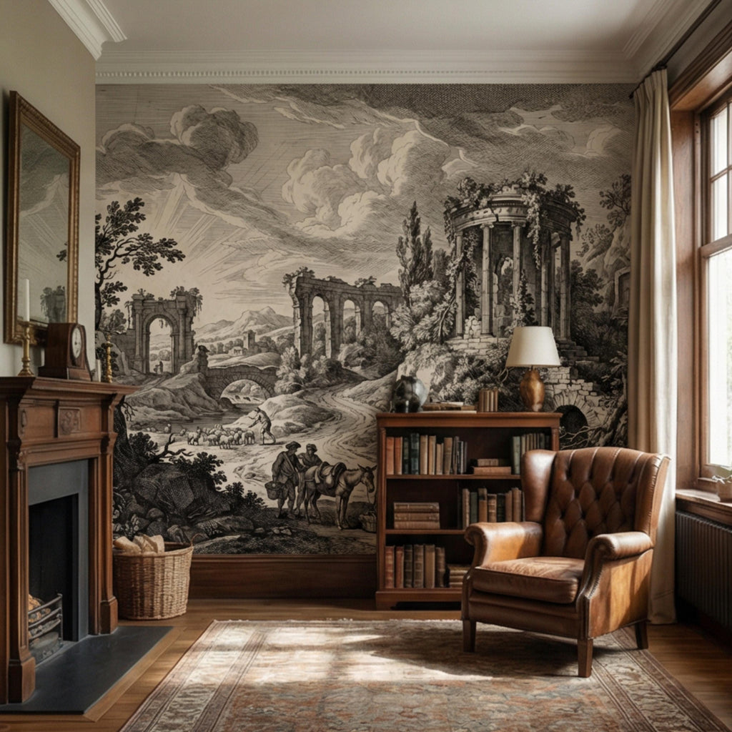 Vintage Roman Ruins Engraving Peel and Stick Wall Mural, Antique Classical Landscape with Temple and Arches, Old World Etching Wallpaper