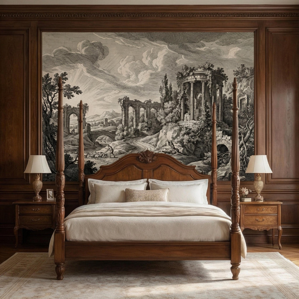 Vintage Roman Ruins Engraving Peel and Stick Wall Mural, Antique Classical Landscape with Temple and Arches, Old World Etching Wallpaper