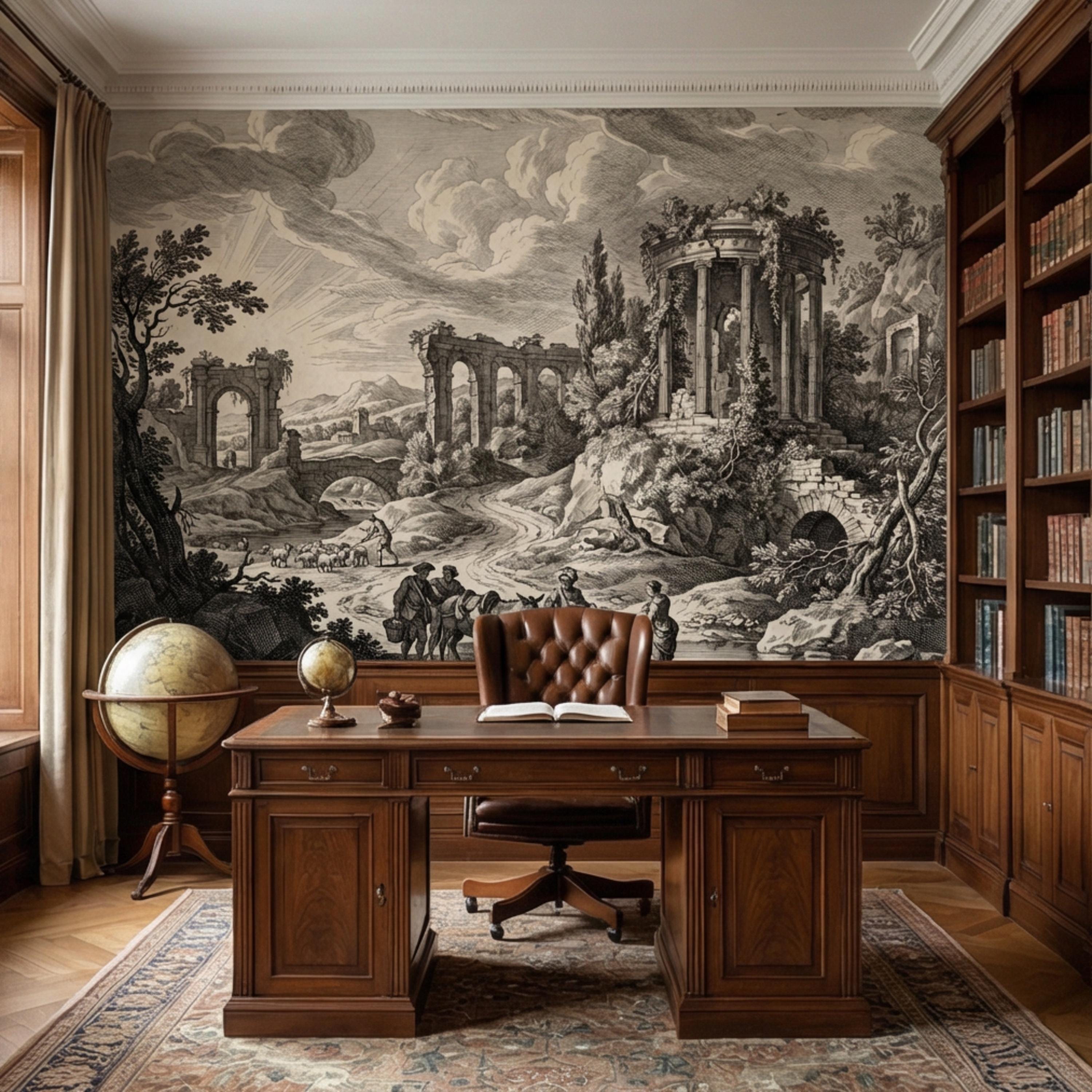Vintage Roman Ruins Engraving Peel and Stick Wall Mural, Antique Classical Landscape with Temple and Arches, Old World Etching Wallpaper