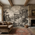 Vintage Roman Ruins Engraving Peel and Stick Wall Mural, Antique Classical Landscape with Temple and Arches, Old World Etching Wallpaper