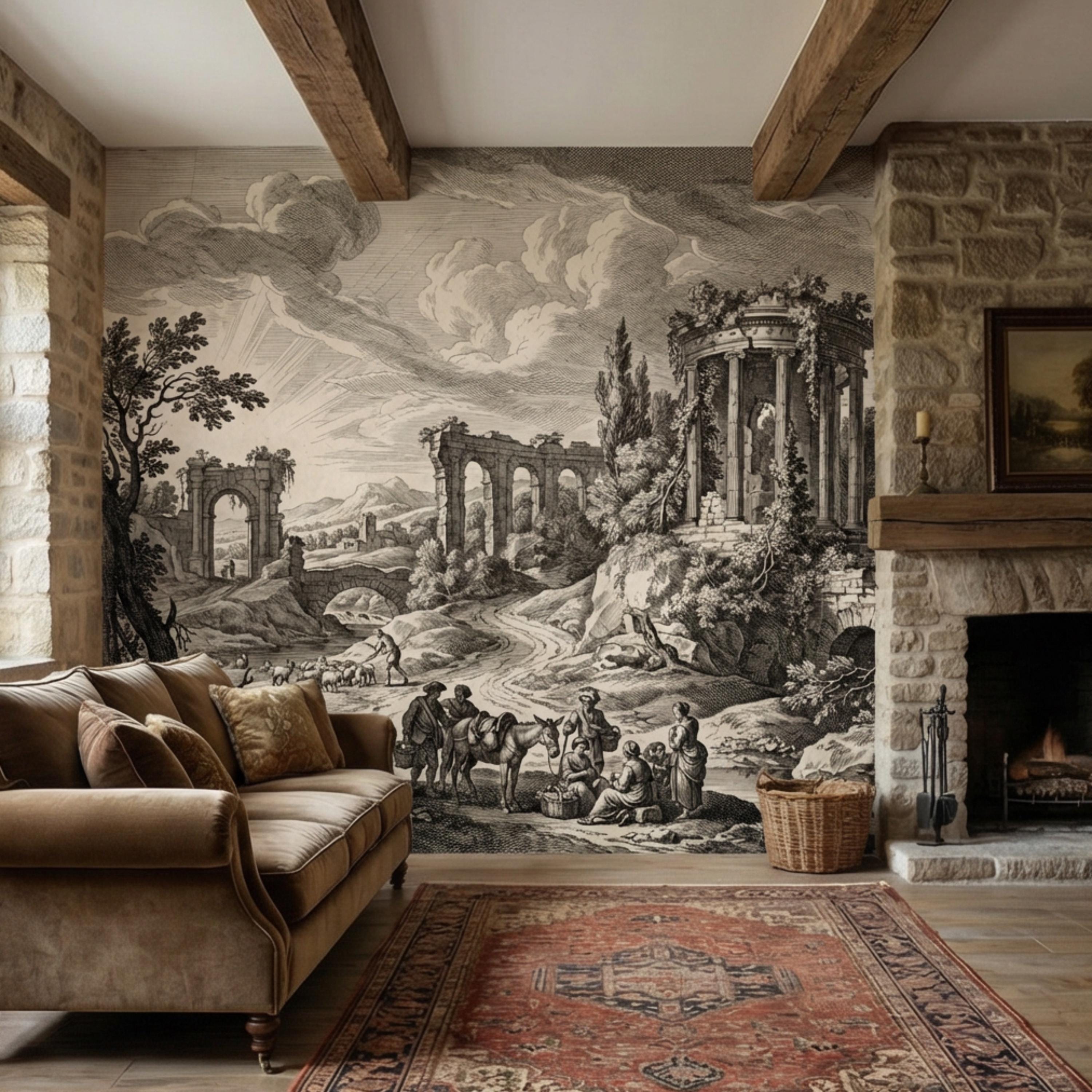 Vintage Roman Ruins Engraving Peel and Stick Wall Mural, Antique Classical Landscape with Temple and Arches, Old World Etching Wallpaper