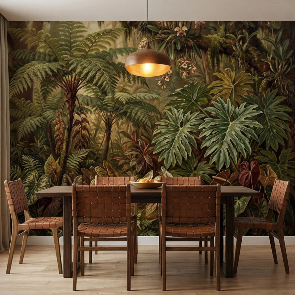 Vintage Tropical Rainforest Peel and Stick Wall Mural, Lush Botanical Jungle with Ferns Monstera and Orchids, Moody Nature Wallpaper