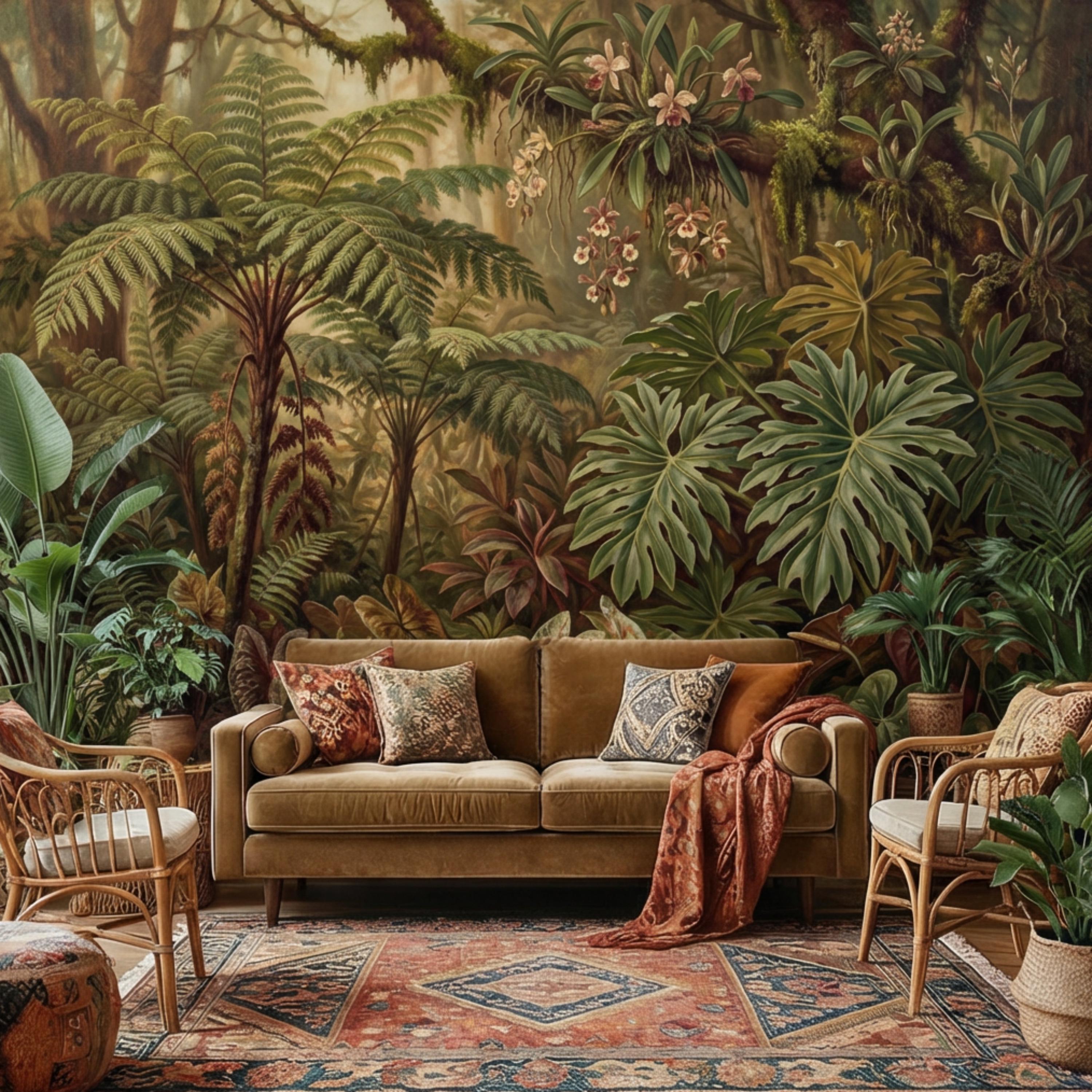 Vintage Tropical Rainforest Peel and Stick Wall Mural, Lush Botanical Jungle with Ferns Monstera and Orchids, Moody Nature Wallpaper
