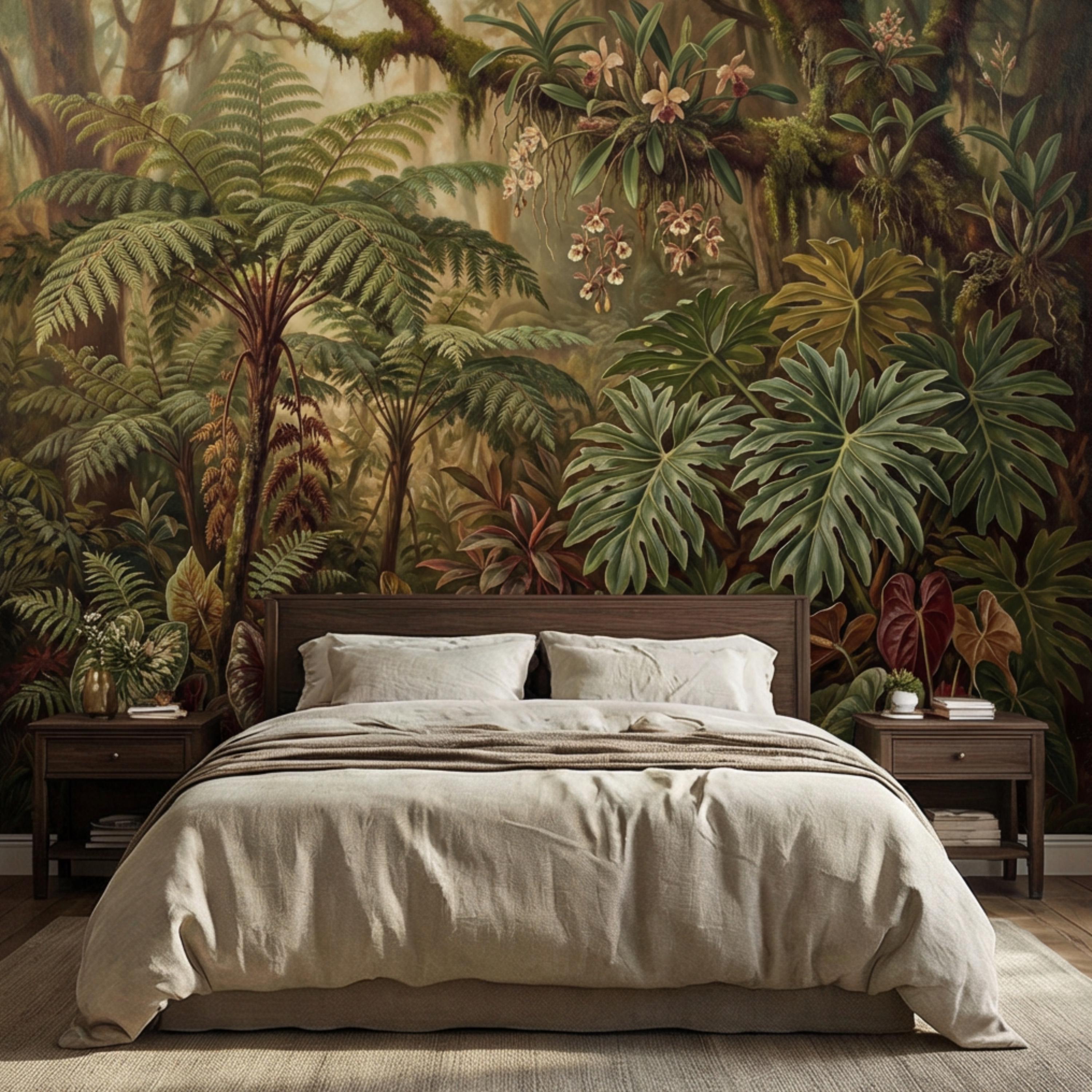 Vintage Tropical Rainforest Peel and Stick Wall Mural, Lush Botanical Jungle with Ferns Monstera and Orchids, Moody Nature Wallpaper