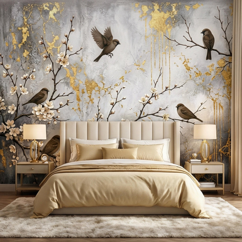 Luxury Cherry Blossom Birds Peel and Stick Wall Mural, Elegant Neutral Asian Floral Wallpaper, Modern Nature Wall Decor