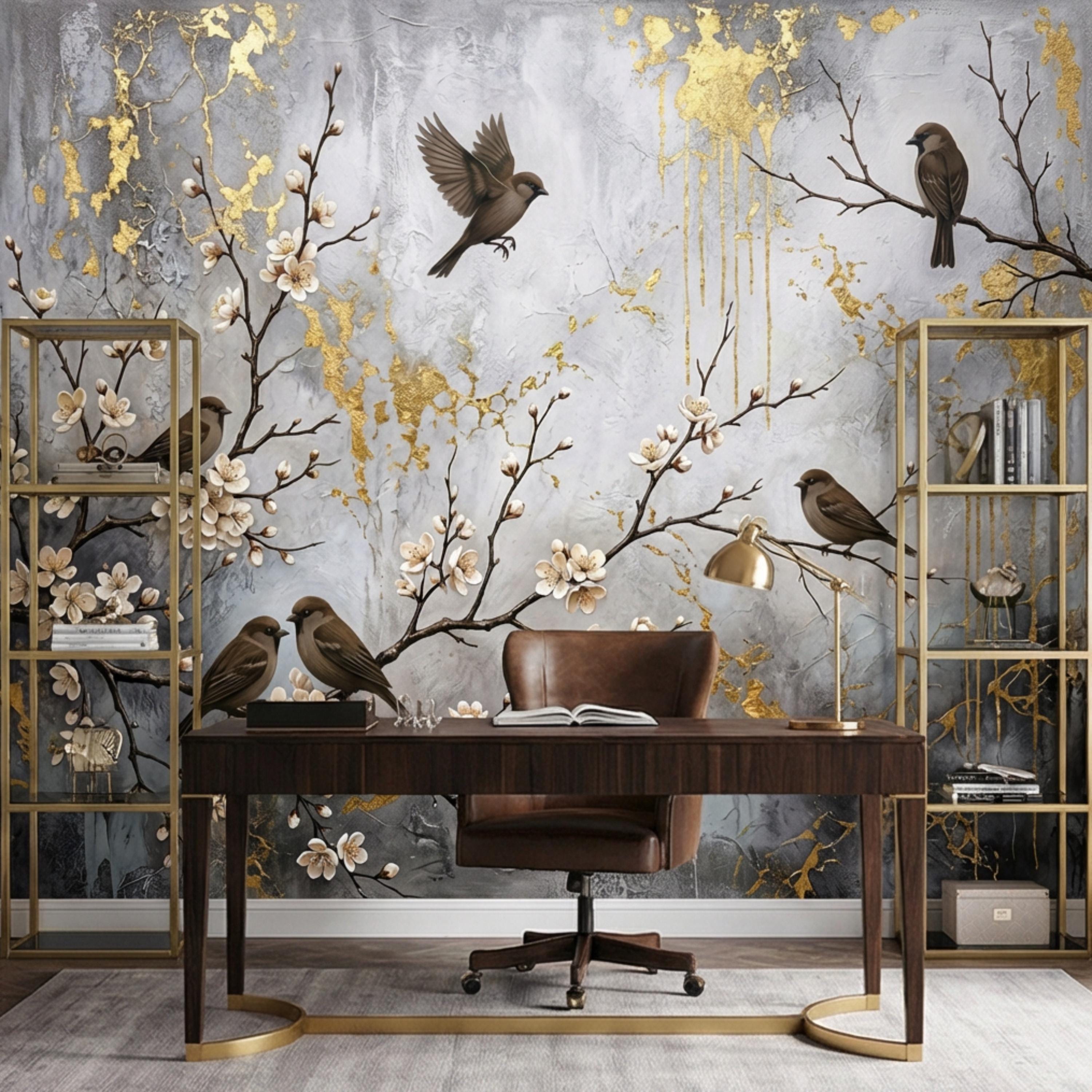Luxury Cherry Blossom Birds Peel and Stick Wall Mural, Elegant Neutral Asian Floral Wallpaper, Modern Nature Wall Decor