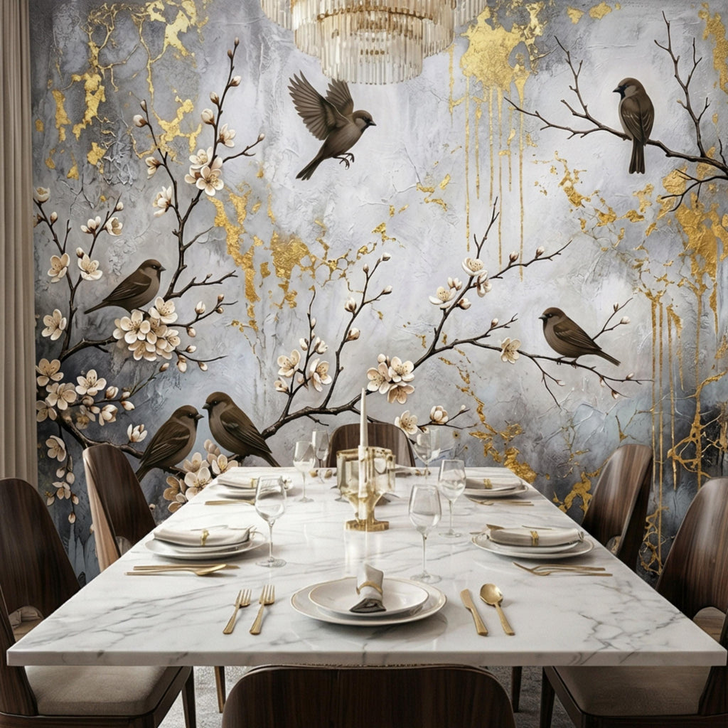 Luxury Cherry Blossom Birds Peel and Stick Wall Mural, Elegant Neutral Asian Floral Wallpaper, Modern Nature Wall Decor