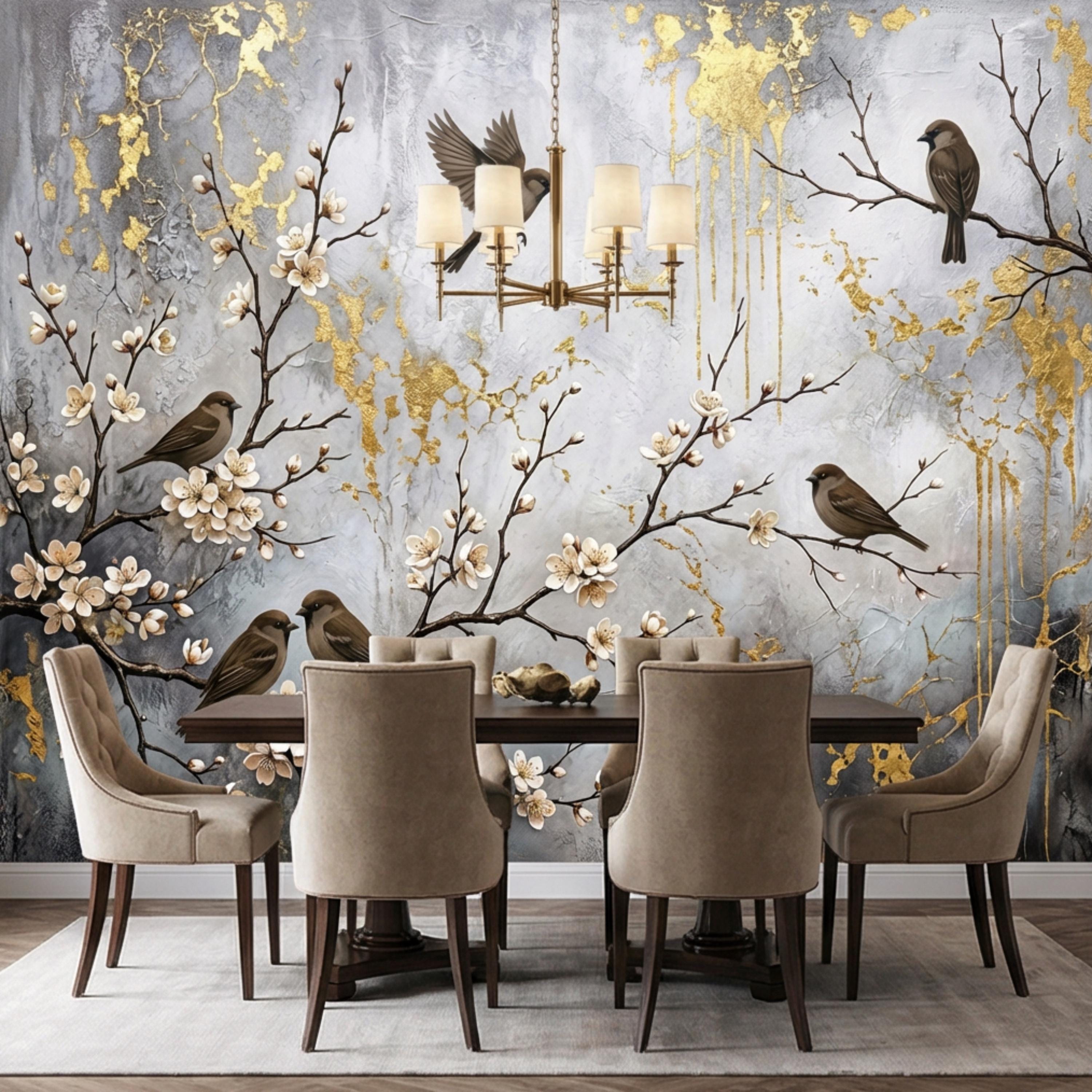 Luxury Cherry Blossom Birds Peel and Stick Wall Mural, Elegant Neutral Asian Floral Wallpaper, Modern Nature Wall Decor