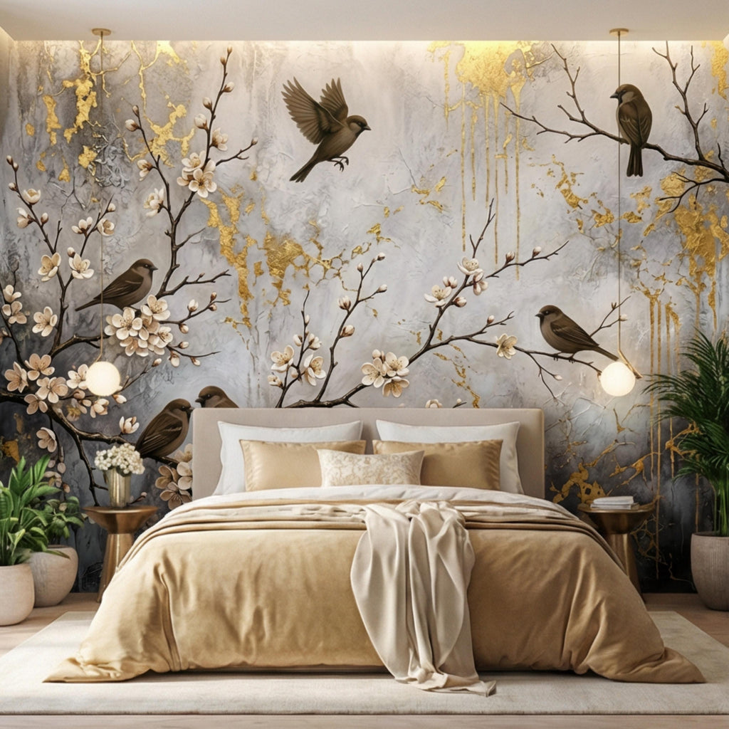 Luxury Cherry Blossom Birds Peel and Stick Wall Mural, Elegant Neutral Asian Floral Wallpaper, Modern Nature Wall Decor