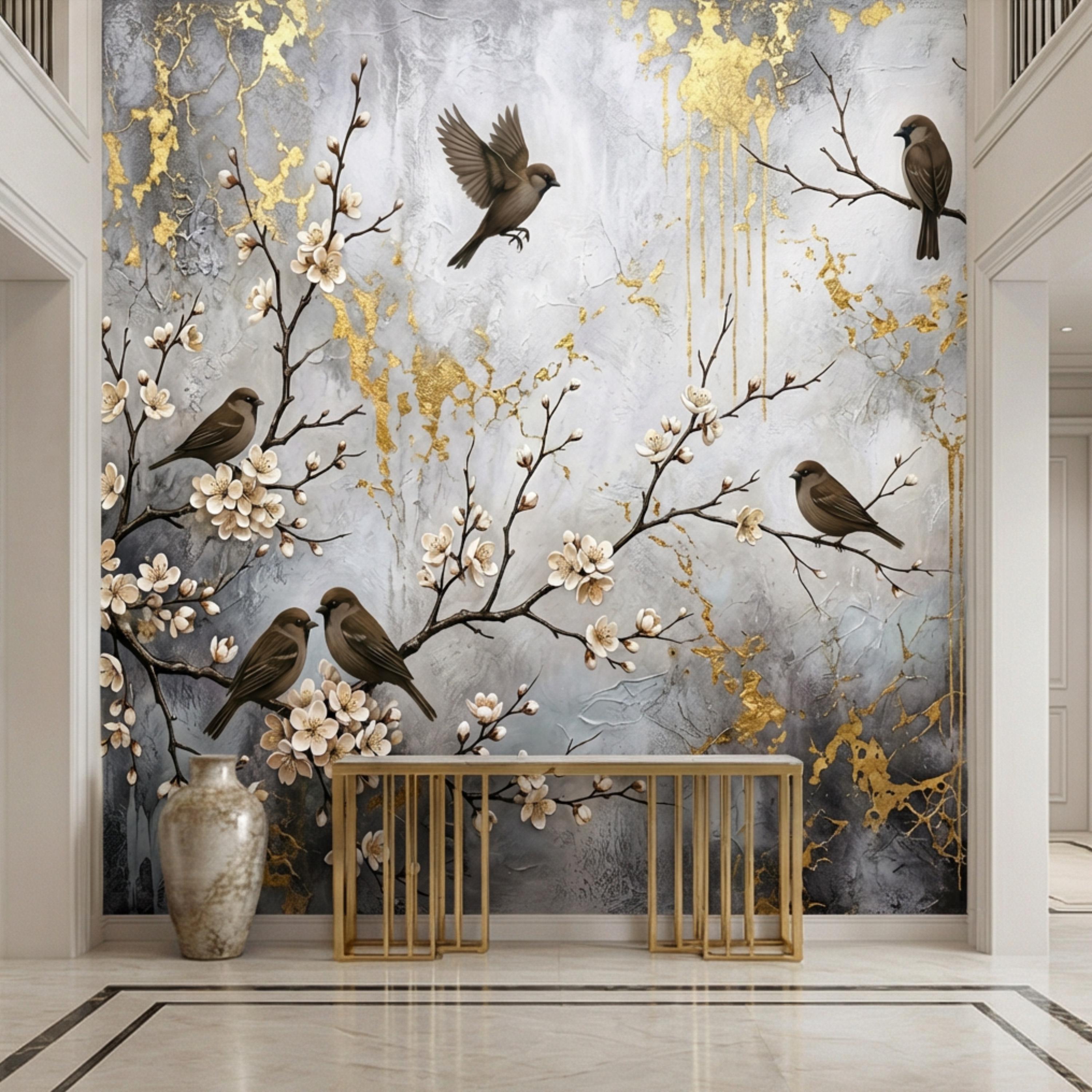 Luxury Cherry Blossom Birds Peel and Stick Wall Mural, Elegant Neutral Asian Floral Wallpaper, Modern Nature Wall Decor