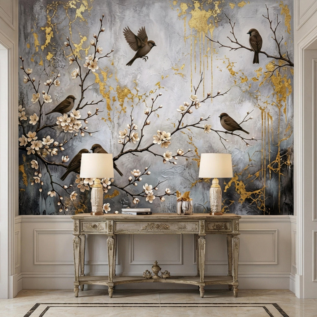 Luxury Cherry Blossom Birds Peel and Stick Wall Mural, Elegant Neutral Asian Floral Wallpaper, Modern Nature Wall Decor