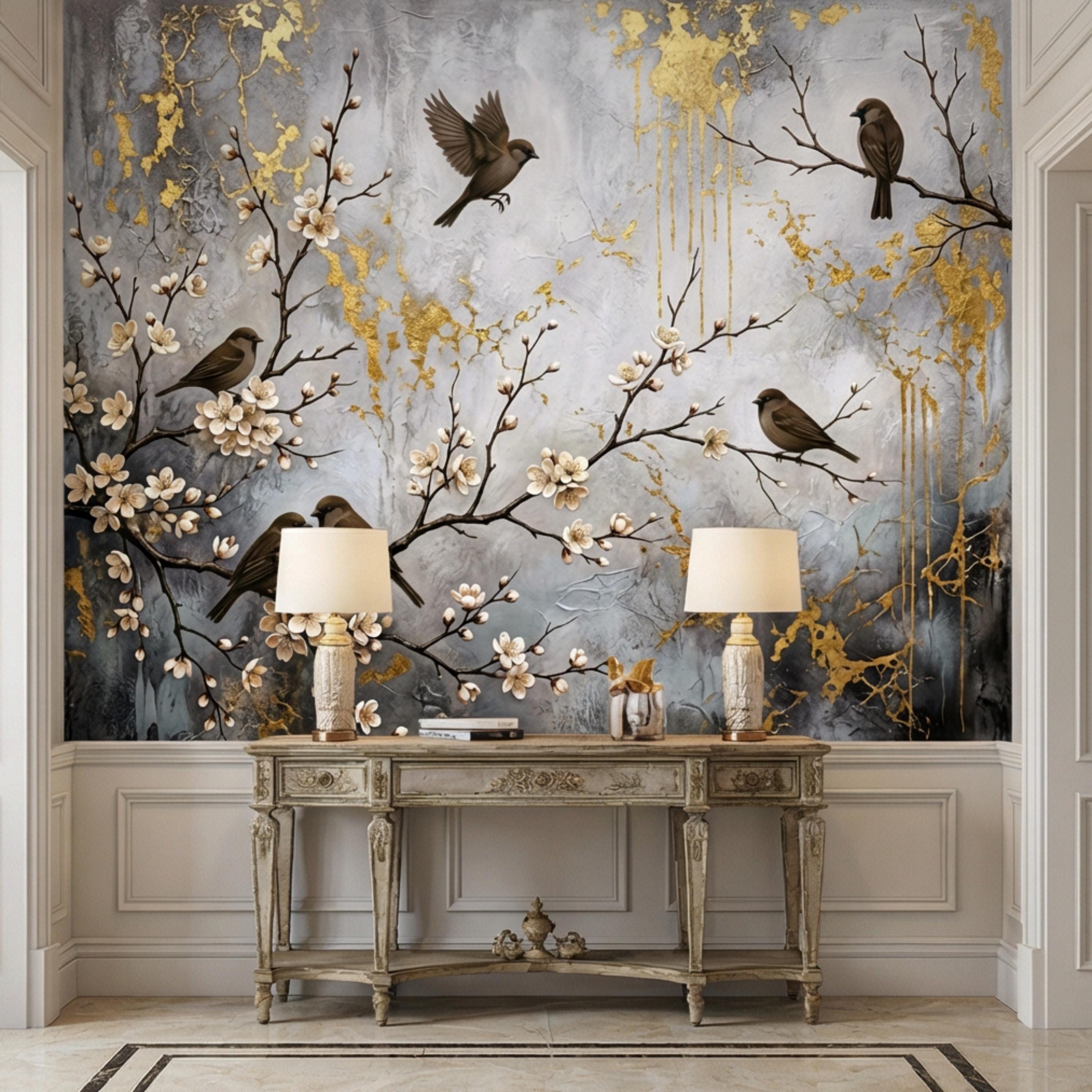 Luxury Cherry Blossom Birds Peel and Stick Wall Mural, Elegant Neutral Asian Floral Wallpaper, Modern Nature Wall Decor