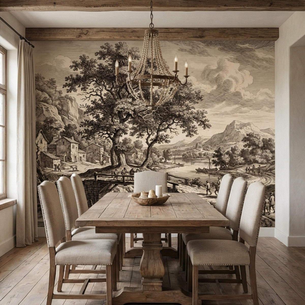 Countryside wall mural engraving with village scene, big tree, and distant mountains