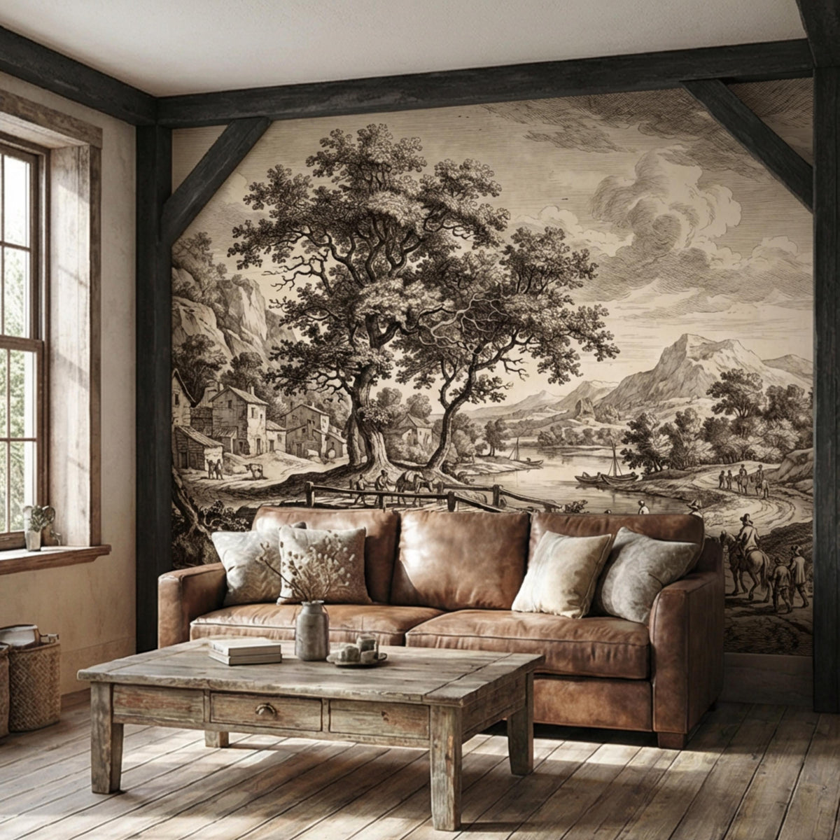 Wall mural engraving showing village houses, river bridge, and mountain countryside landscape