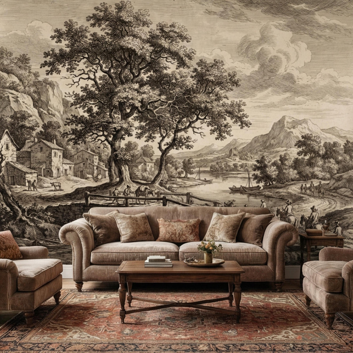 Vintage landscape wall mural with large tree, bridge, river village engraving