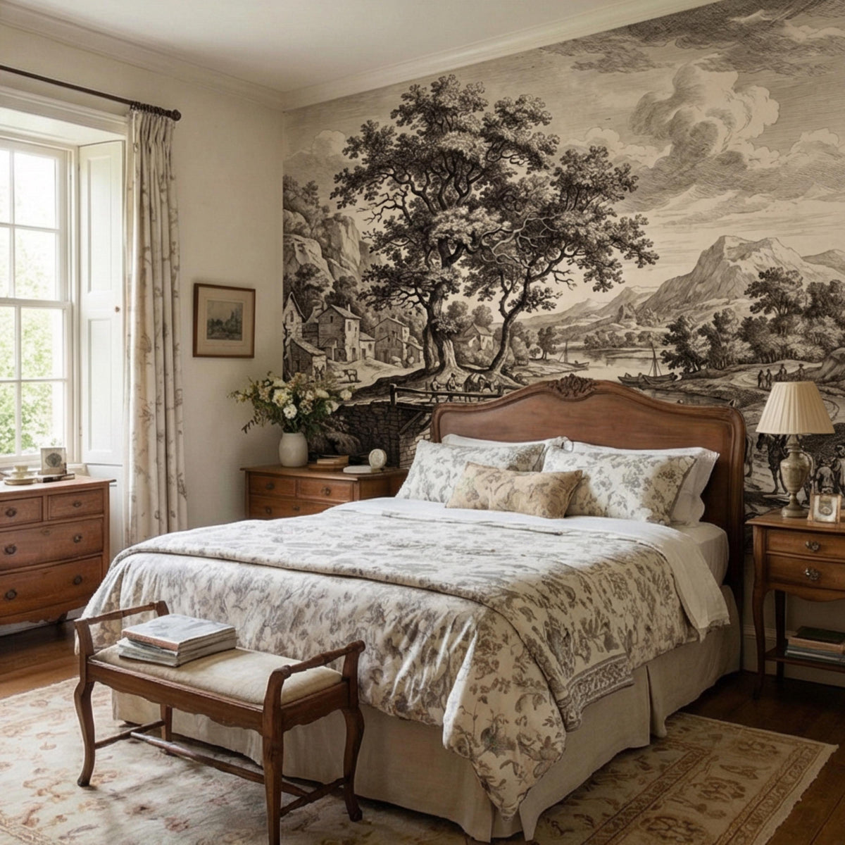 Vintage countryside wall mural with tree, village buildings, and mountain landscape engraving