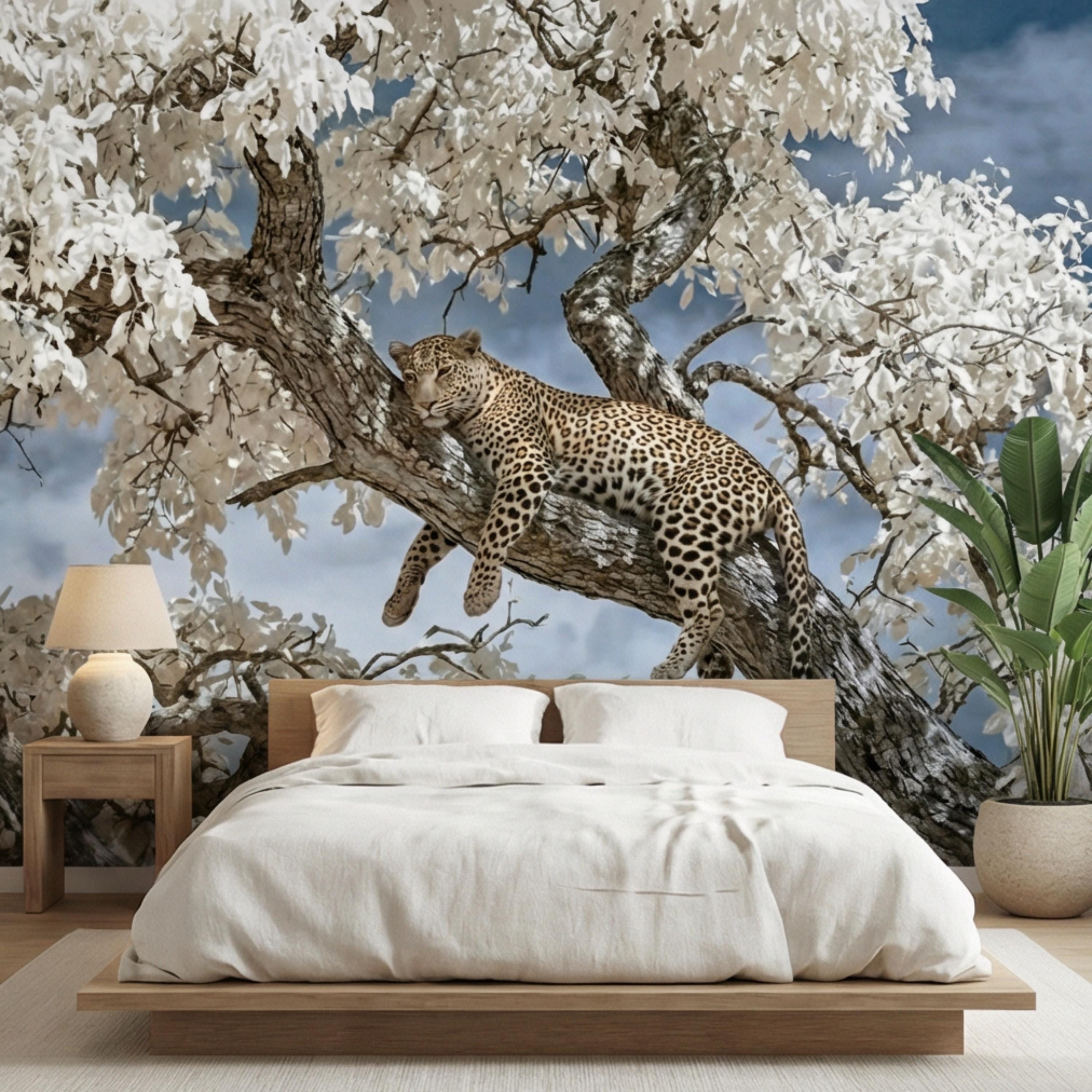 Modern Luxe Safari Leopard Peel and Stick Wall Mural, Neutral Contemporary Wildlife Wallpaper, Elegant Exotic Animal Wall Decor