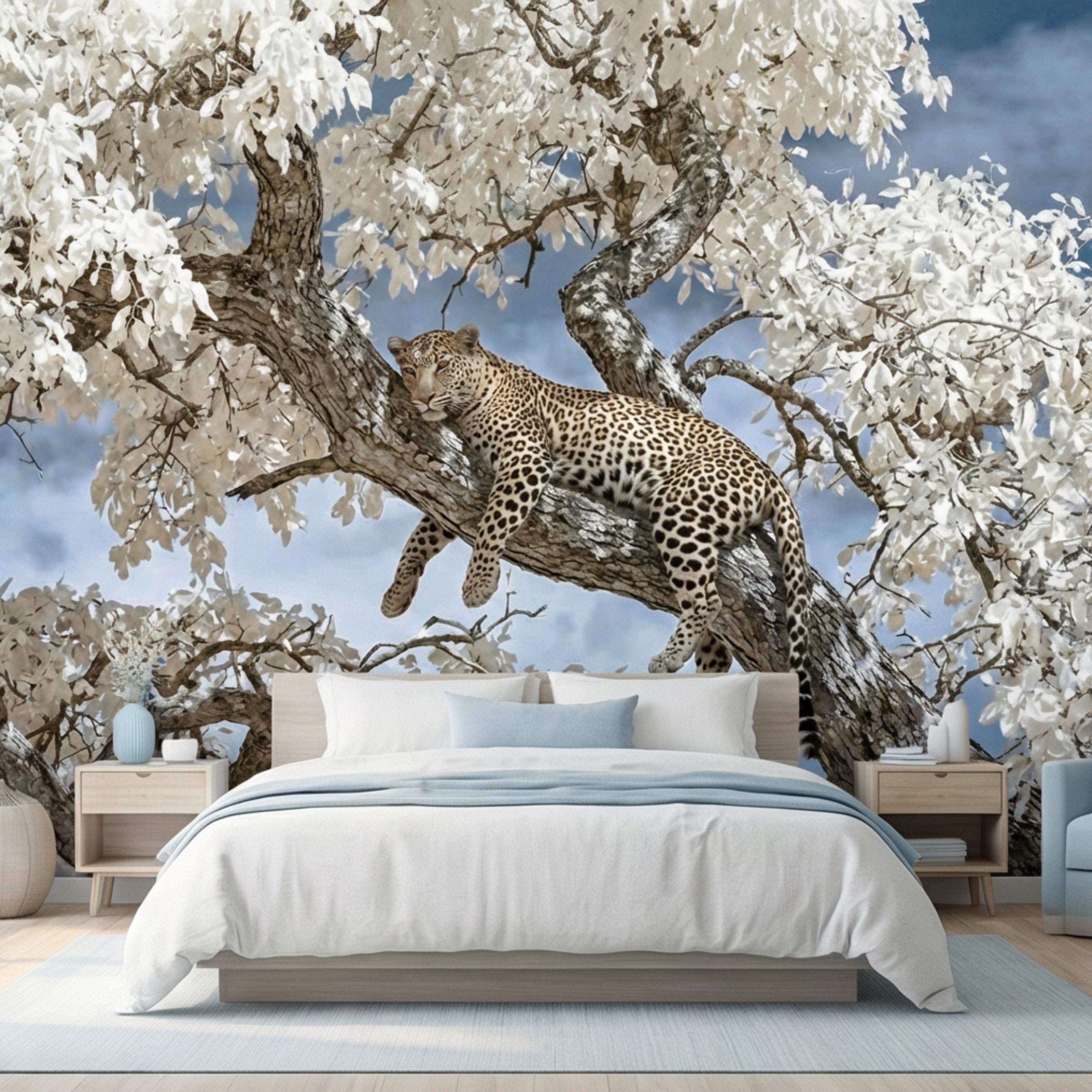 Modern Luxe Safari Leopard Peel and Stick Wall Mural, Neutral Contemporary Wildlife Wallpaper, Elegant Exotic Animal Wall Decor