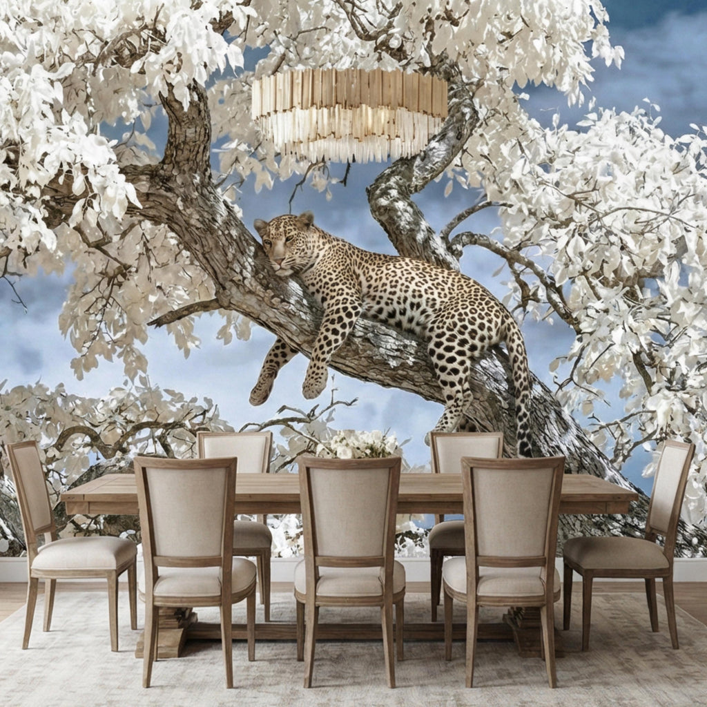 Modern Luxe Safari Leopard Peel and Stick Wall Mural, Neutral Contemporary Wildlife Wallpaper, Elegant Exotic Animal Wall Decor