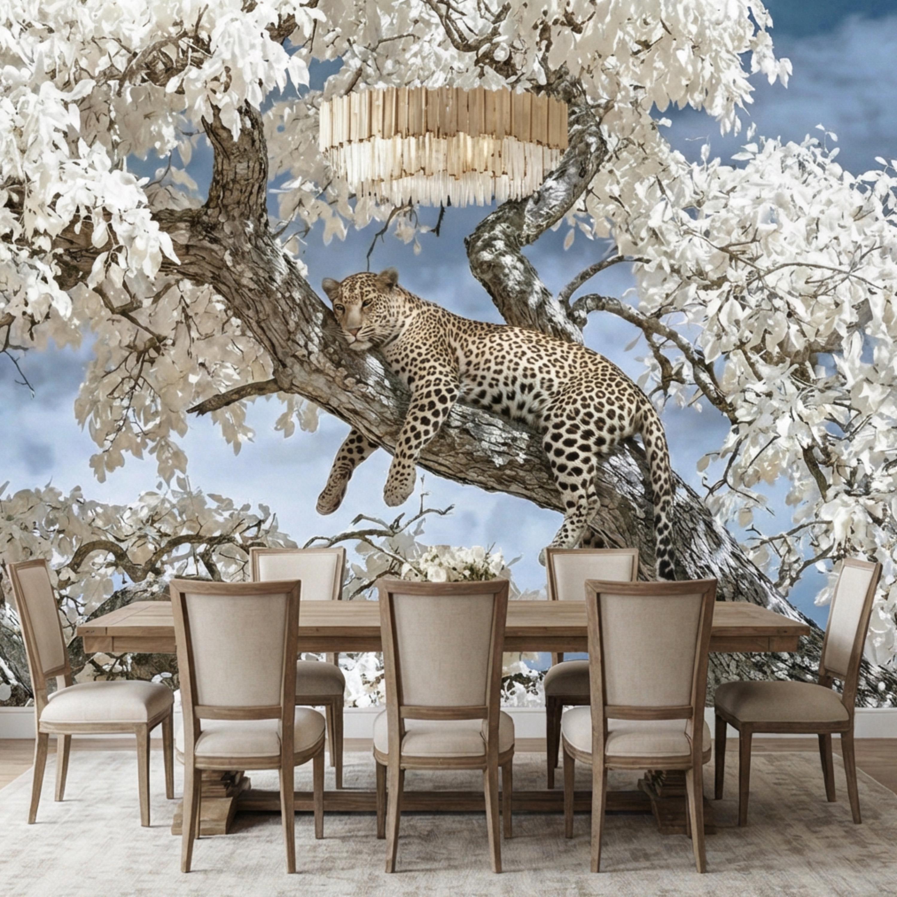 Modern Luxe Safari Leopard Peel and Stick Wall Mural, Neutral Contemporary Wildlife Wallpaper, Elegant Exotic Animal Wall Decor