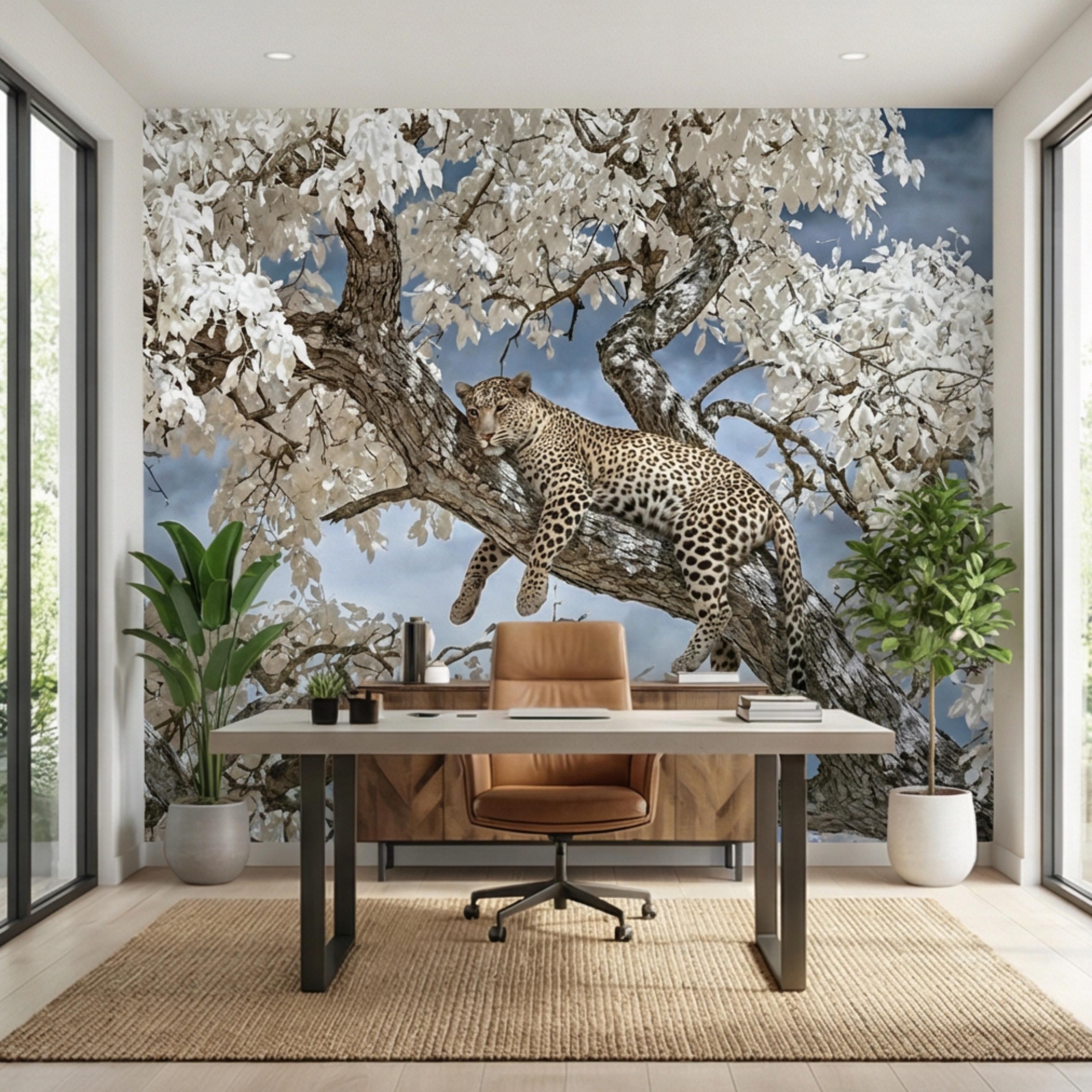 Modern Luxe Safari Leopard Peel and Stick Wall Mural, Neutral Contemporary Wildlife Wallpaper, Elegant Exotic Animal Wall Decor