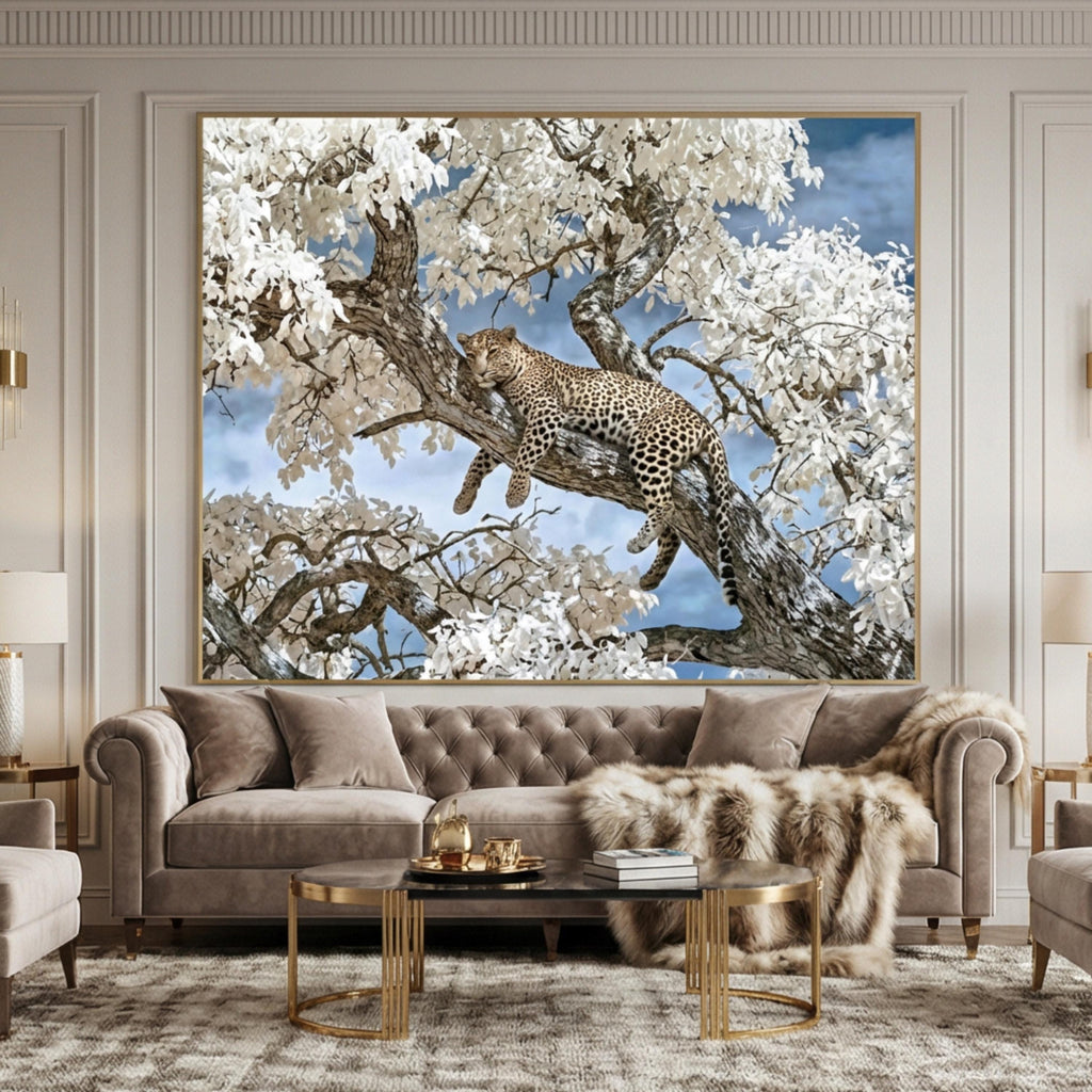 Modern Luxe Safari Leopard Peel and Stick Wall Mural, Neutral Contemporary Wildlife Wallpaper, Elegant Exotic Animal Wall Decor