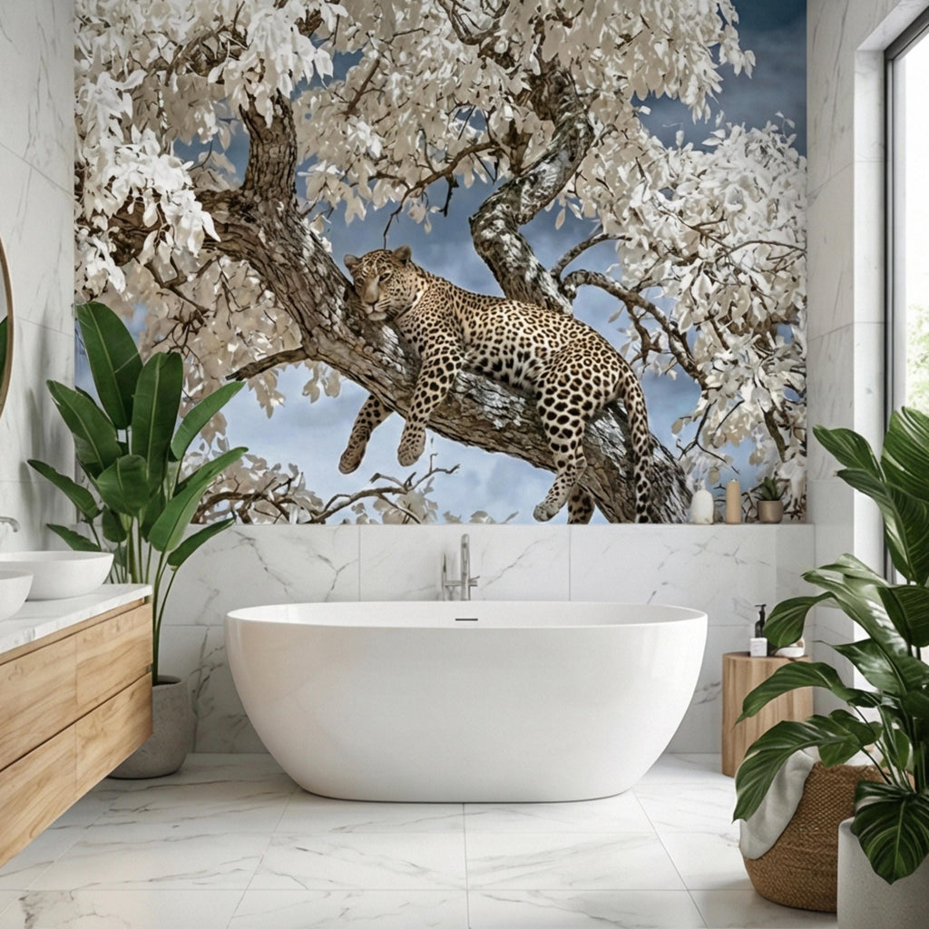 Modern Luxe Safari Leopard Peel and Stick Wall Mural, Neutral Contemporary Wildlife Wallpaper, Elegant Exotic Animal Wall Decor