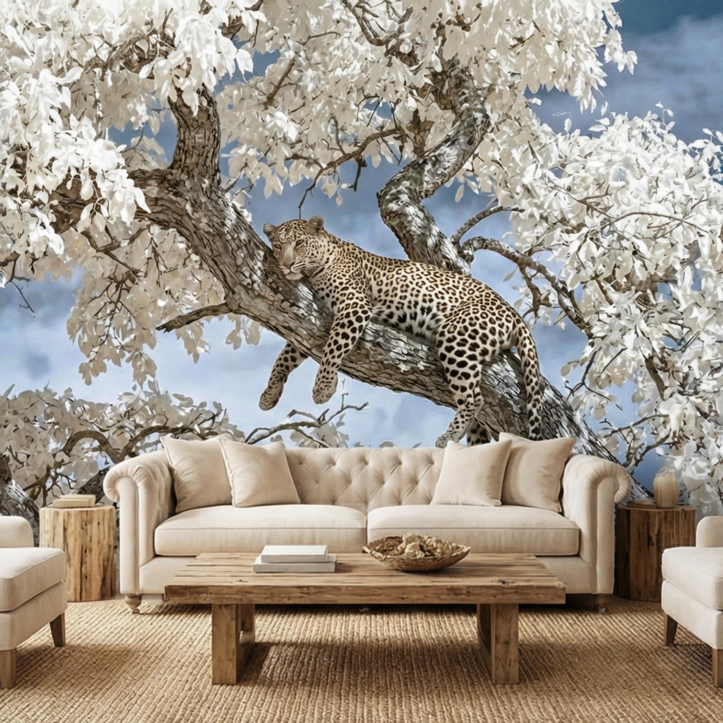 Modern Luxe Safari Leopard Peel and Stick Wall Mural, Neutral Contemporary Wildlife Wallpaper, Elegant Exotic Animal Wall Decor