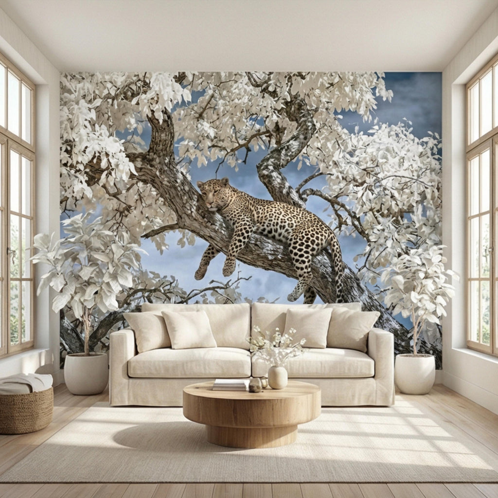 Modern Luxe Safari Leopard Peel and Stick Wall Mural, Neutral Contemporary Wildlife Wallpaper, Elegant Exotic Animal Wall Decor