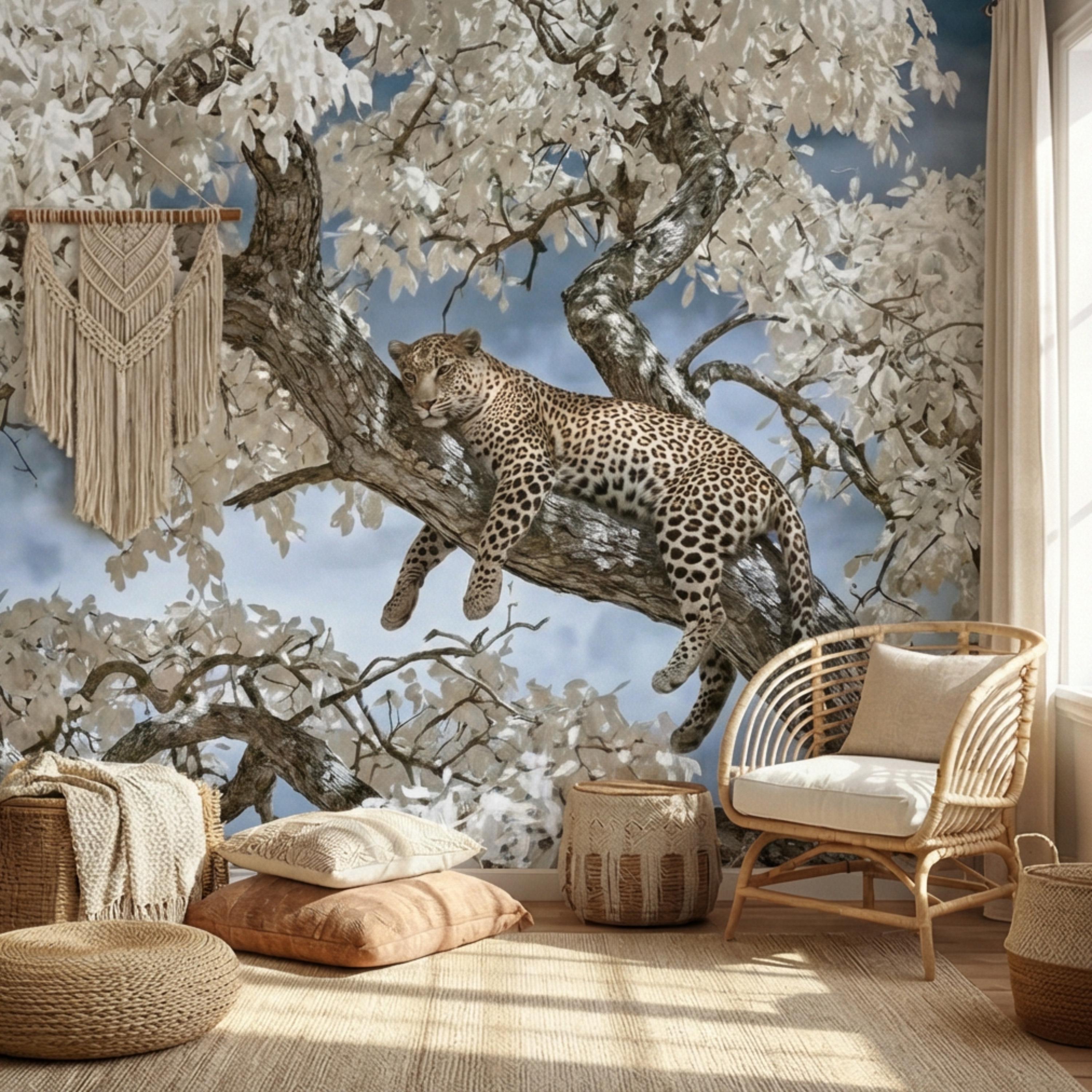 Modern Luxe Safari Leopard Peel and Stick Wall Mural, Neutral Contemporary Wildlife Wallpaper, Elegant Exotic Animal Wall Decor