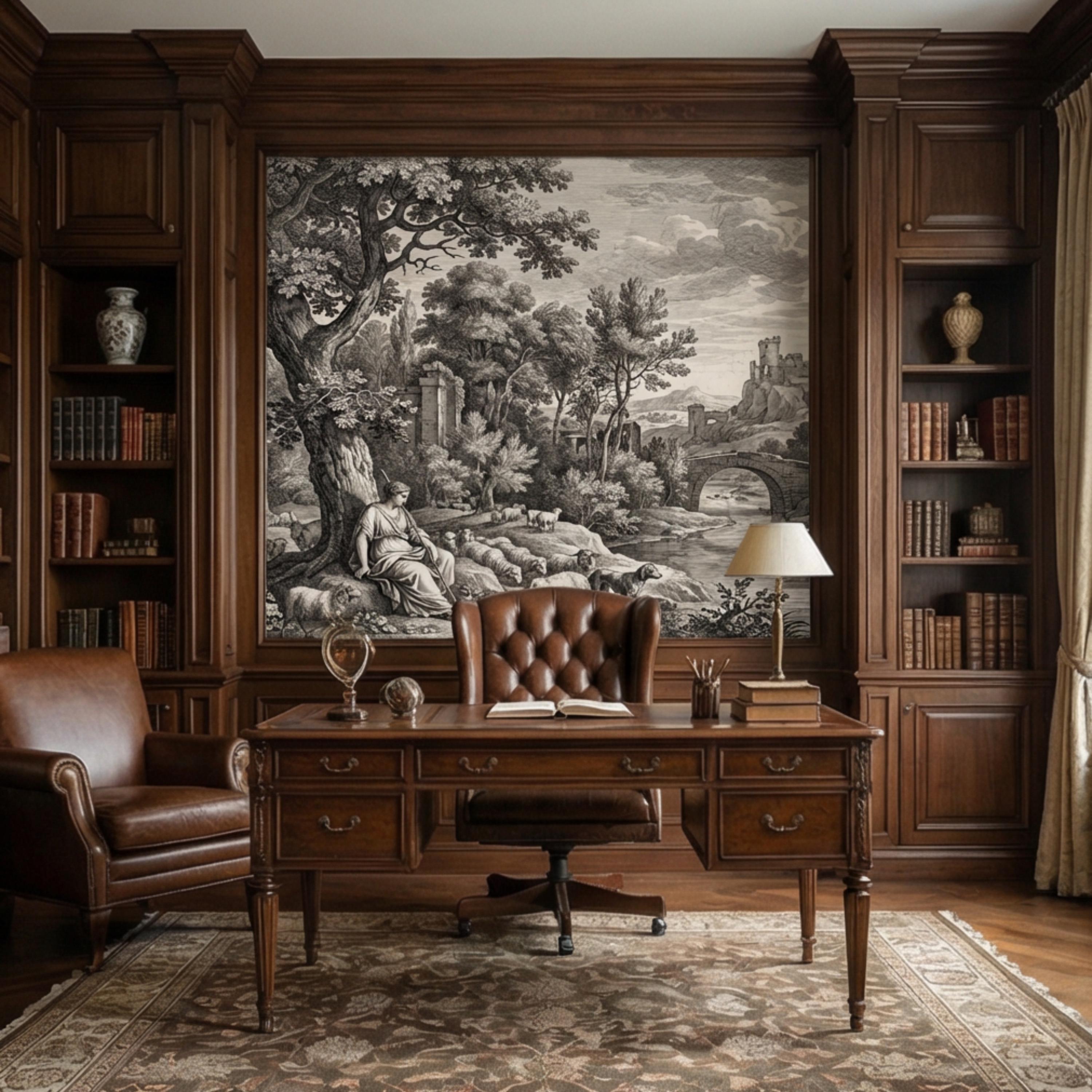 Antique European Pastoral Engraving Peel and Stick Wall Mural, Vintage Shepherd River Bridge Landscape, Old World Etching Wallpaper