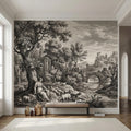 Antique European Pastoral Engraving Peel and Stick Wall Mural, Vintage Shepherd River Bridge Landscape, Old World Etching Wallpaper