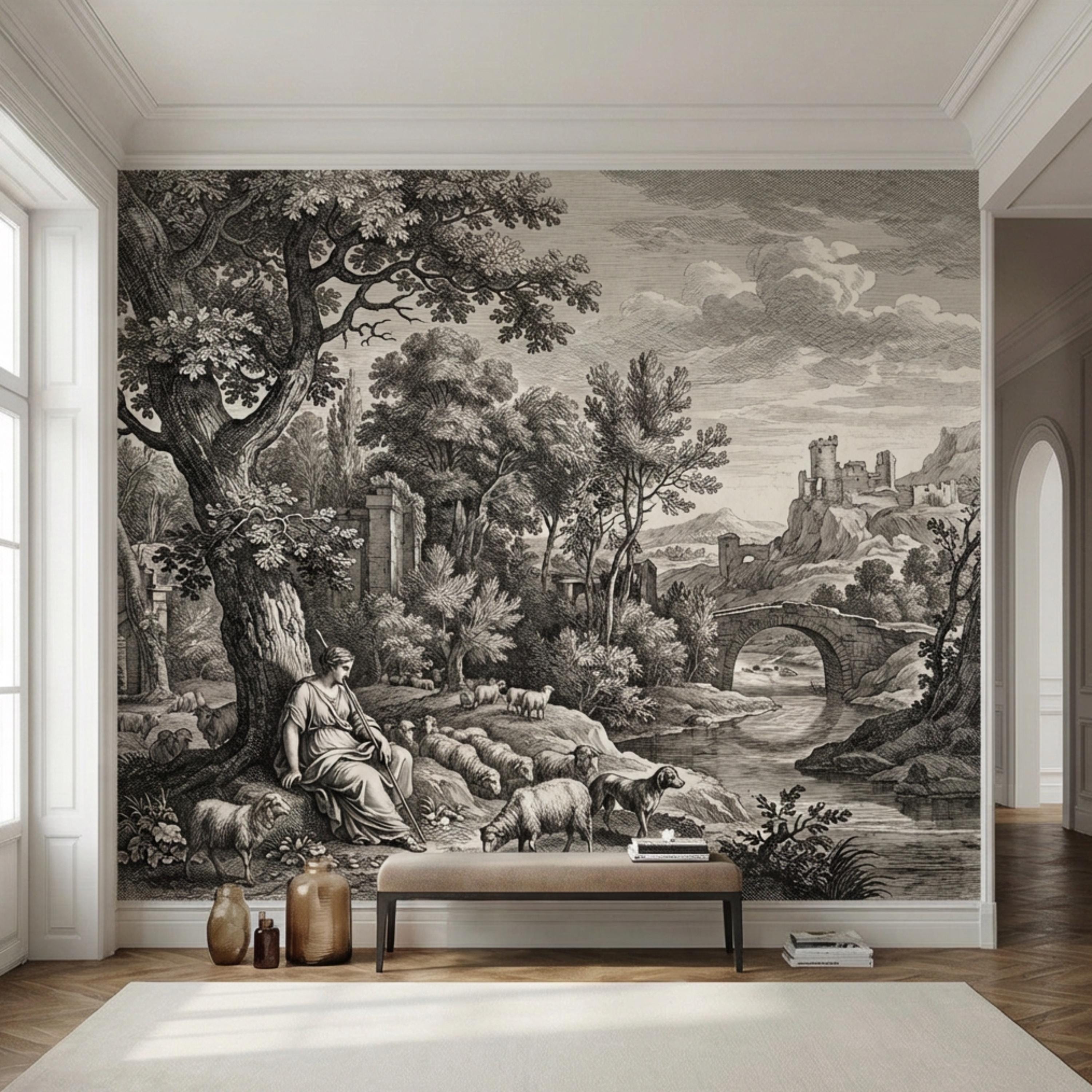 Antique European Pastoral Engraving Peel and Stick Wall Mural, Vintage Shepherd River Bridge Landscape, Old World Etching Wallpaper