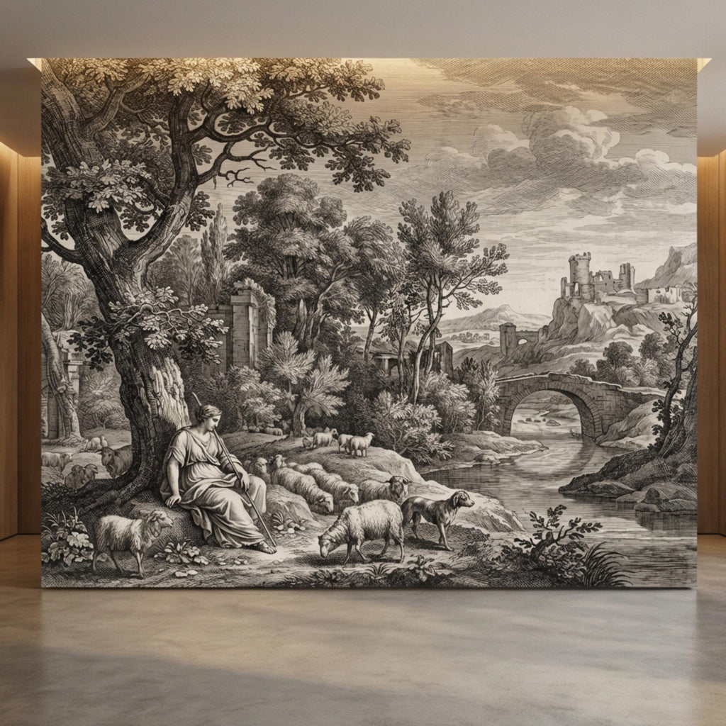 Antique European Pastoral Engraving Peel and Stick Wall Mural, Vintage Shepherd River Bridge Landscape, Old World Etching Wallpaper